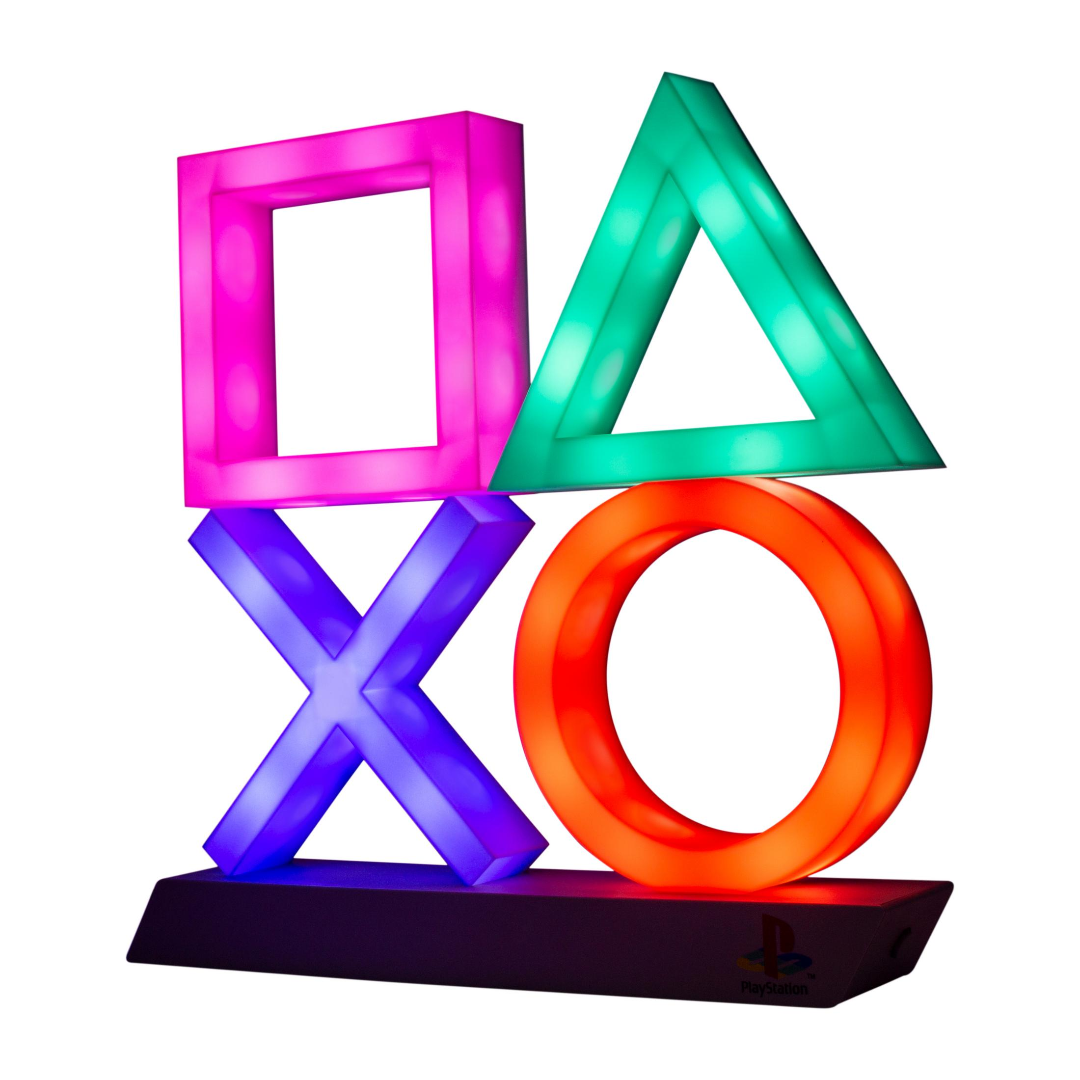 PlayStation-Symbollicht, das Licht aussendet. Quadrat, Dreieck, X und Kreis in verschiedenen Farben auf einem Sockel.