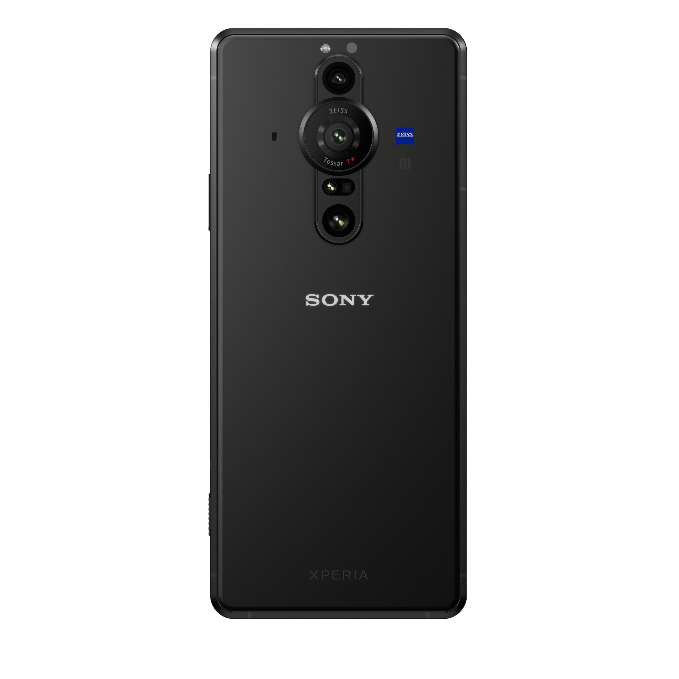 Nahaufnahme der Rückseite eines schwarzen Sony Xperia-Telefons, die Kamera und das Sony-Logo zeigt.