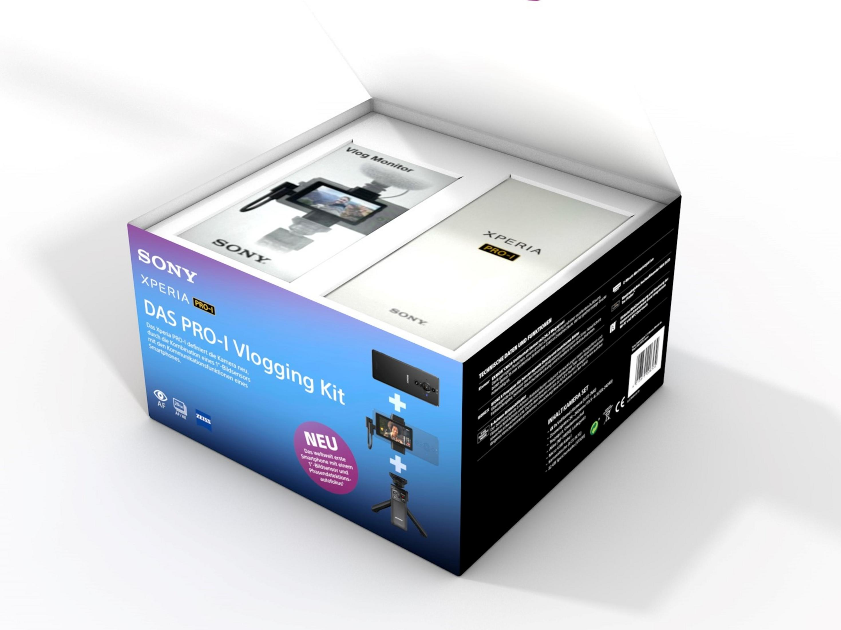 Ein geöffnetes Box-Set für ein Sony Xperia-Telefon mit Mikrofon und Display. Der Bildschirm des Telefons ist sichtbar.