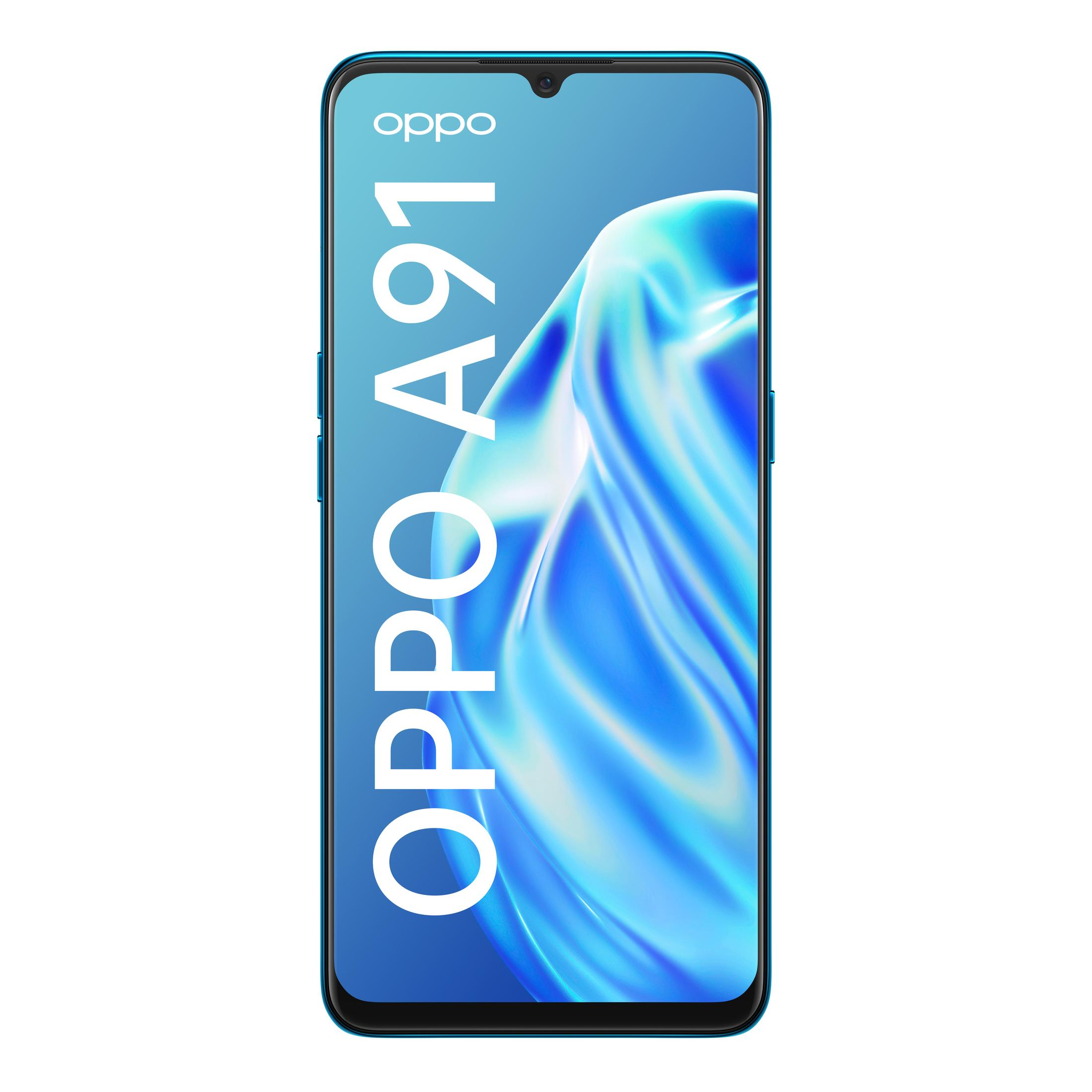 OPPO A91 Smartphone auf blauem Hintergrund mit Branding.