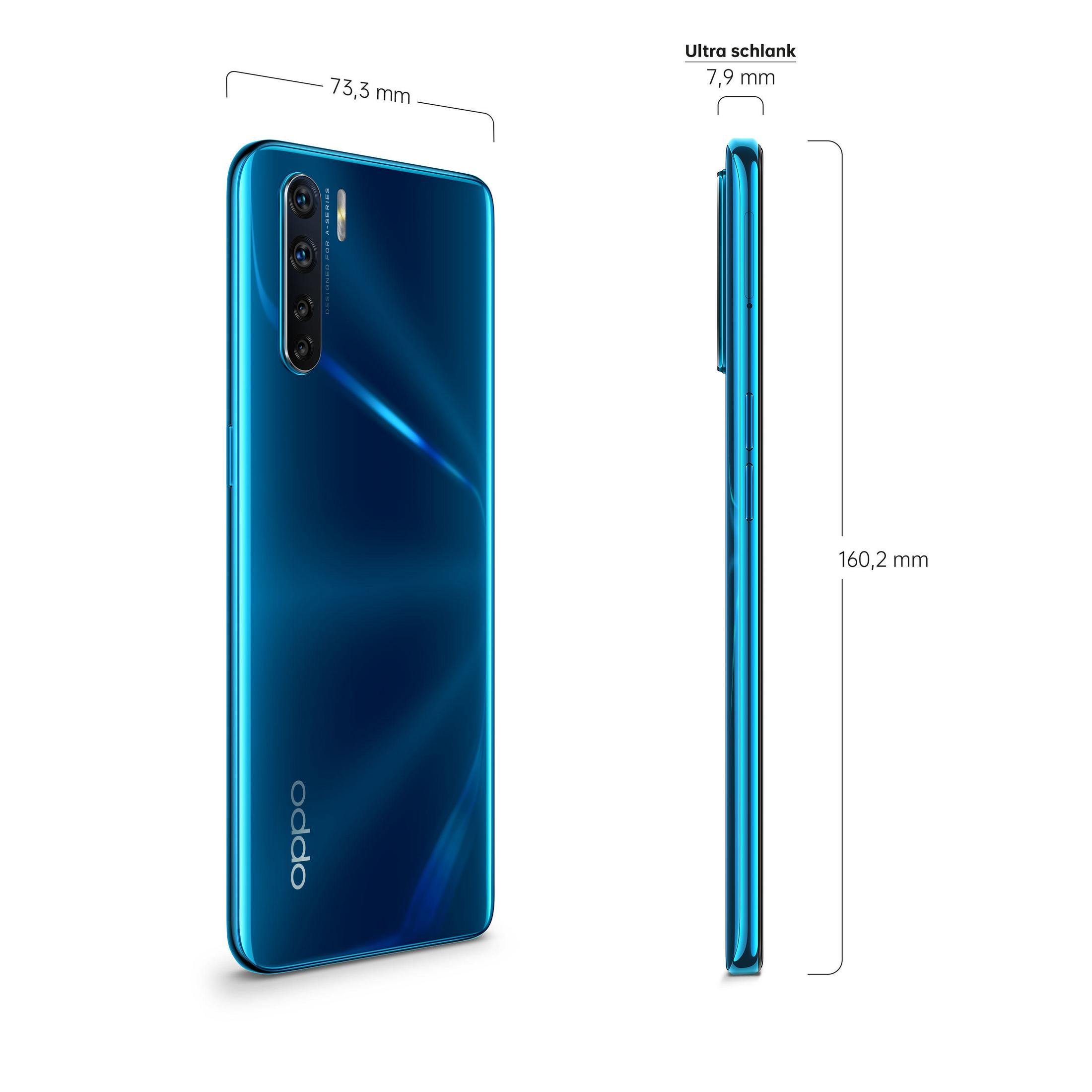 Seiten- und Rückansicht eines OPPO-Telefons mit Maßen, in Blau.