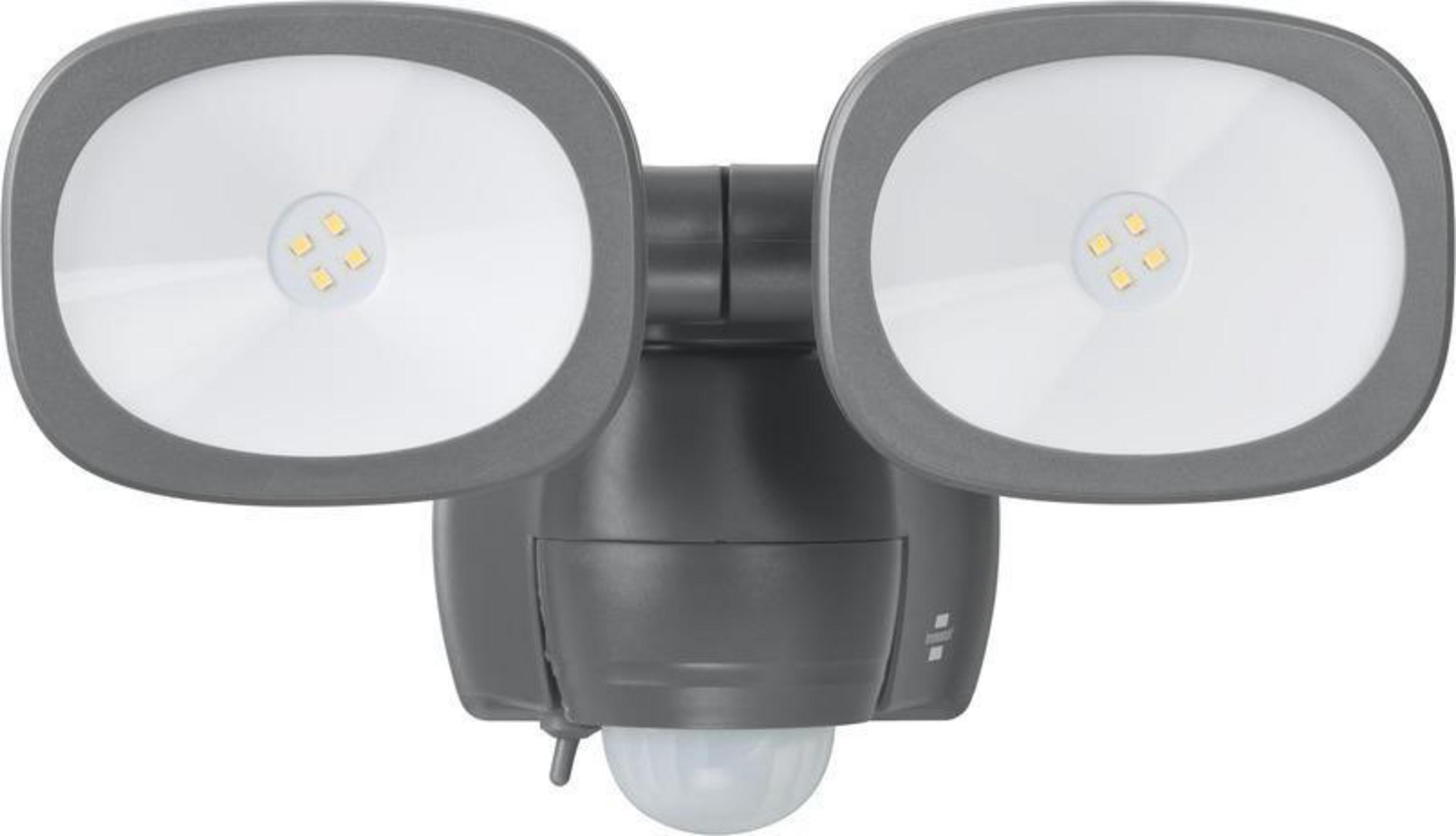 Lampada da esterno grigia con due faretti regolabili e un sensore di movimento.