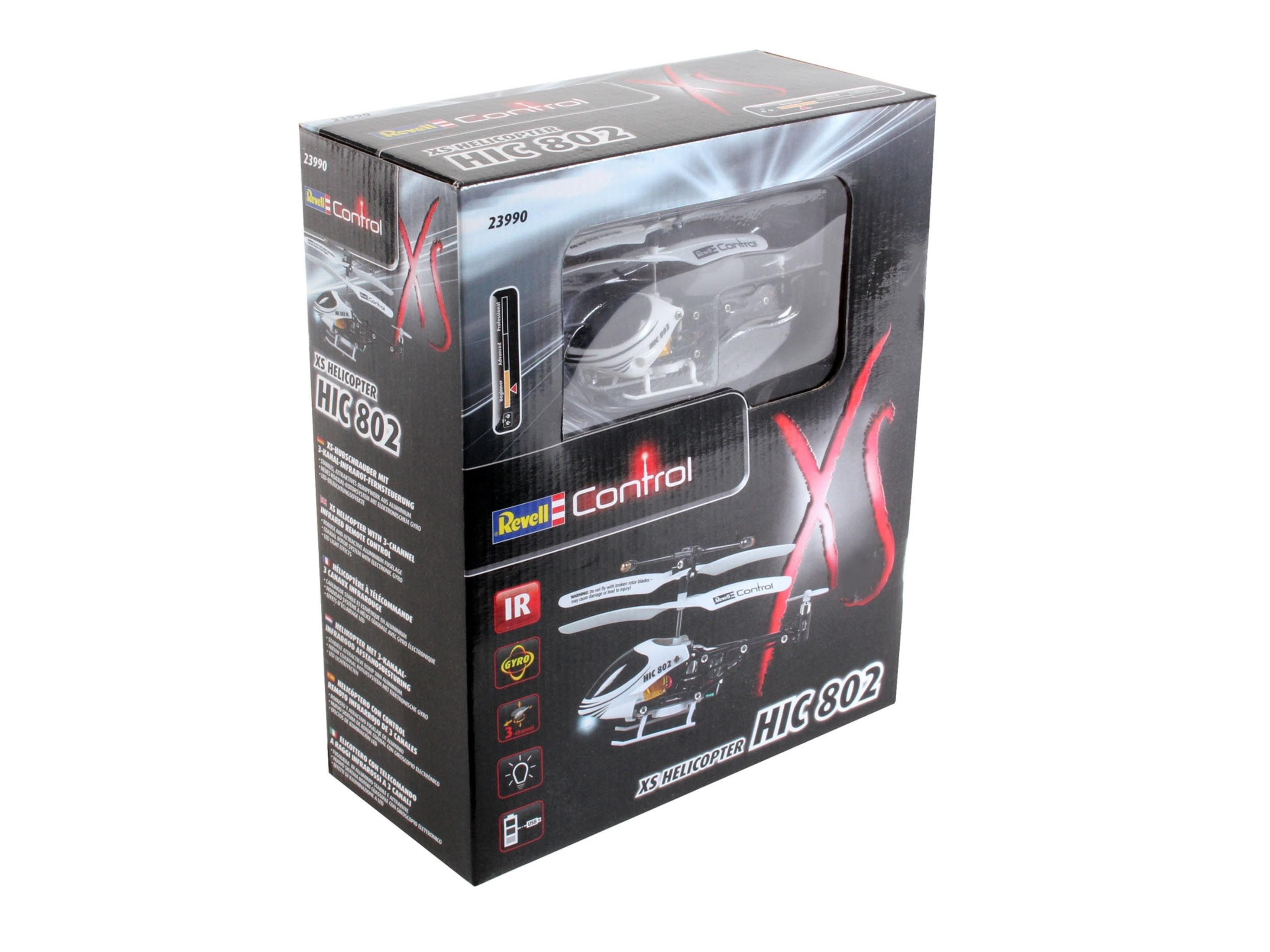 Ein Revell E-Control XS HIC 802 Hubschrauber in einer Box mit einem transparenten Fenster.