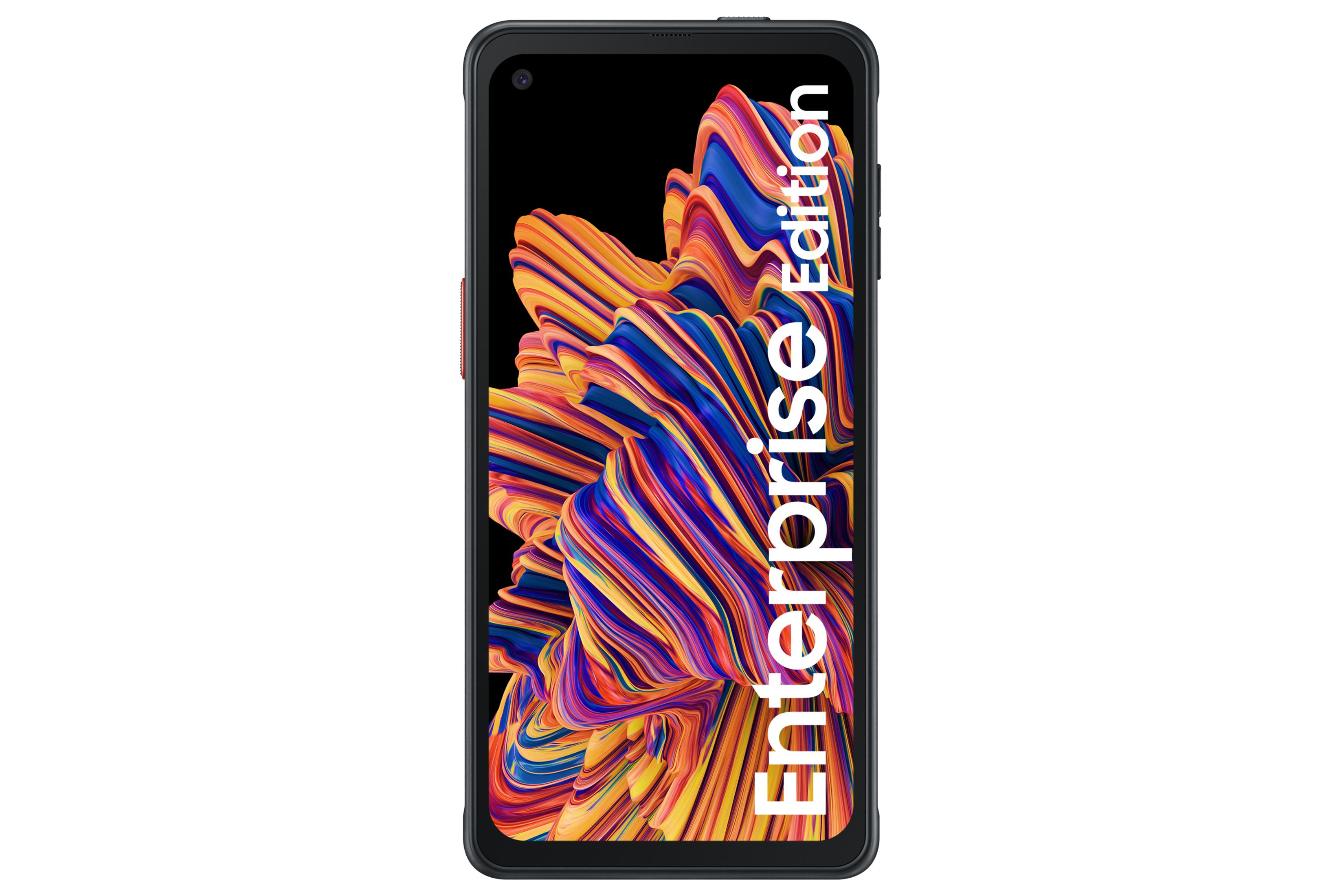 Ein schwarzes Samsung Handy mit farbigem Bildschirm und dem Wort 'Enterprise Edition'.