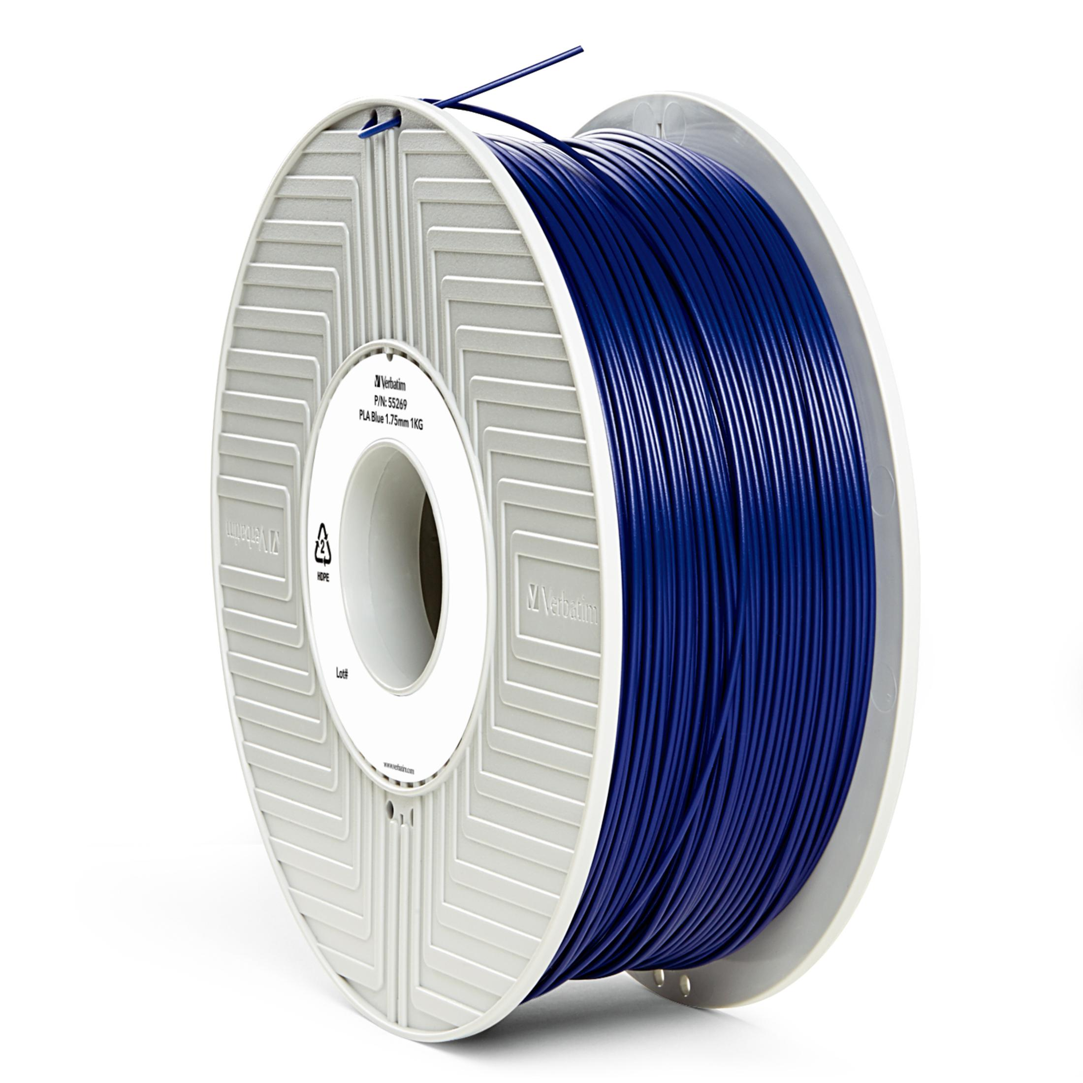 Eine blaue PLA-3D-Drucker-Filamentspule. Sie hat eine weiße Spule mit Text und ein blaues Filament, das darum gewickelt ist.