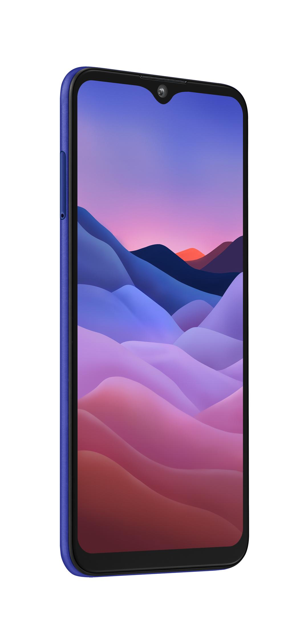 Lila Smartphone mit gebogenem Bildschirm, der eine Landschaft mit Bergen und Sonnenuntergang zeigt. Schräge Ansicht.