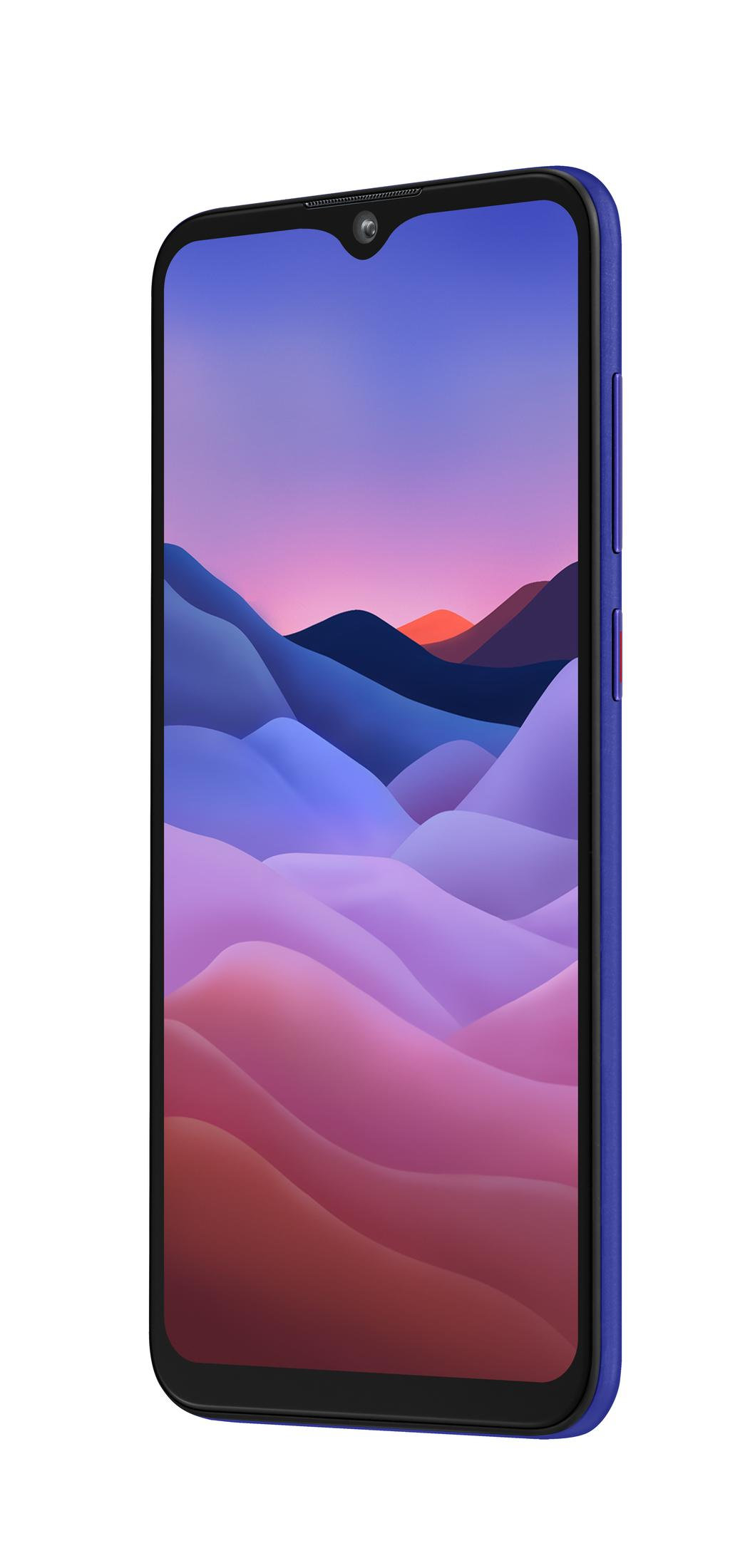 Lila Smartphone angewinkelt, mit einem gebogenen Bildschirm, der eine Landschaft mit Bergen und Sonnenuntergang zeigt.