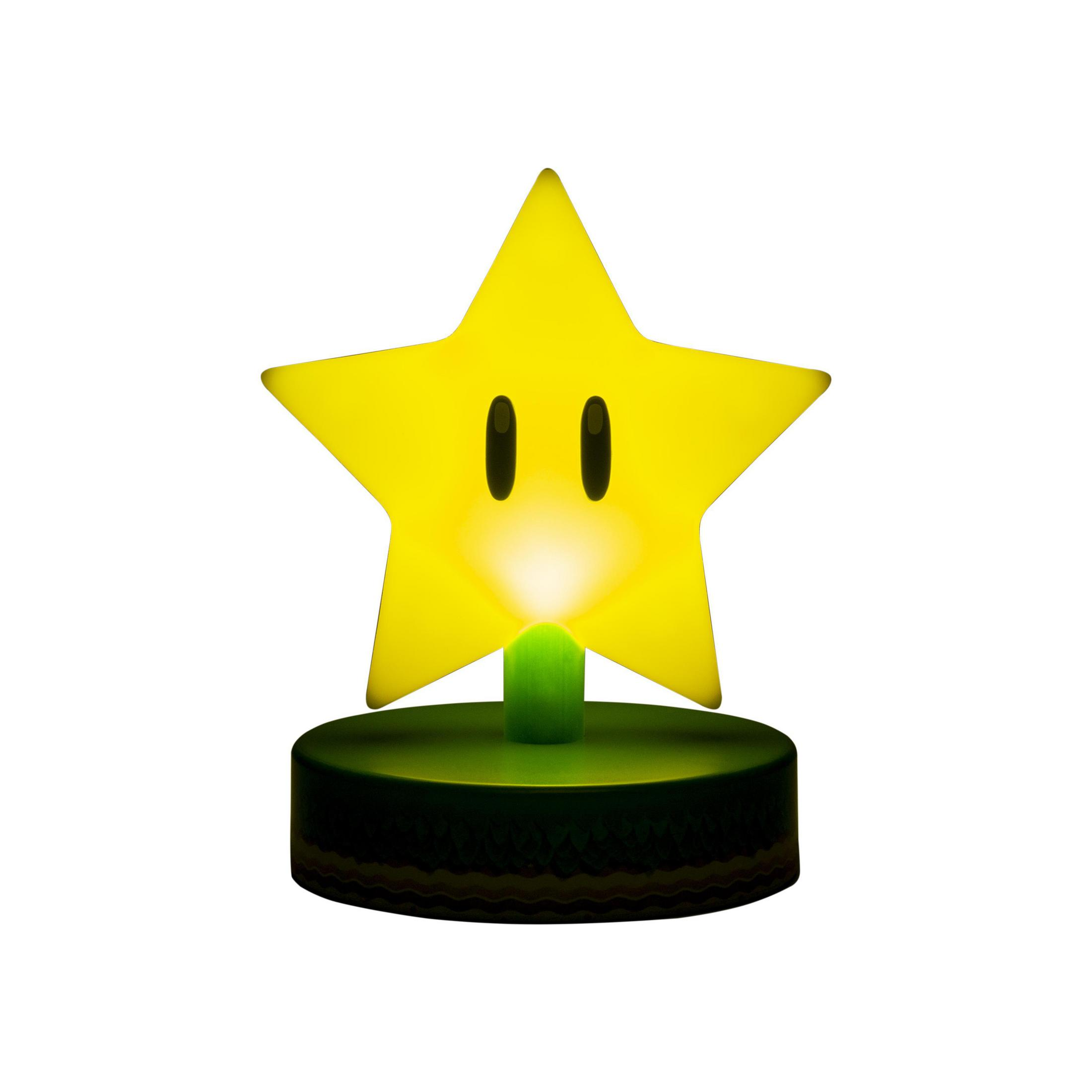 Świecąca żółta figurka gwiazdy Super Mario z czarnymi oczami na zielonej podstawie.