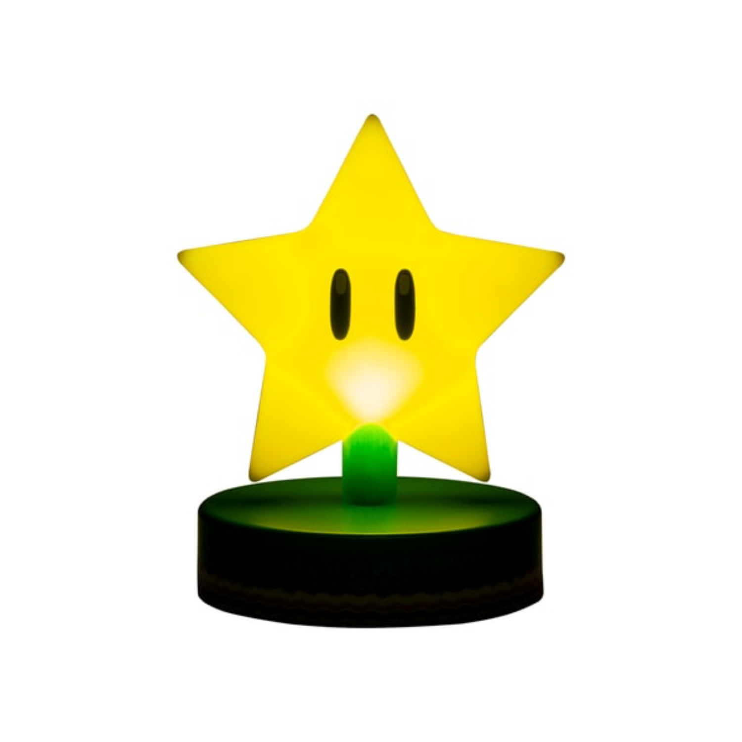 Świecąca żółta figurka gwiazdy Super Mario z czarnymi oczami na zielonej podstawie.