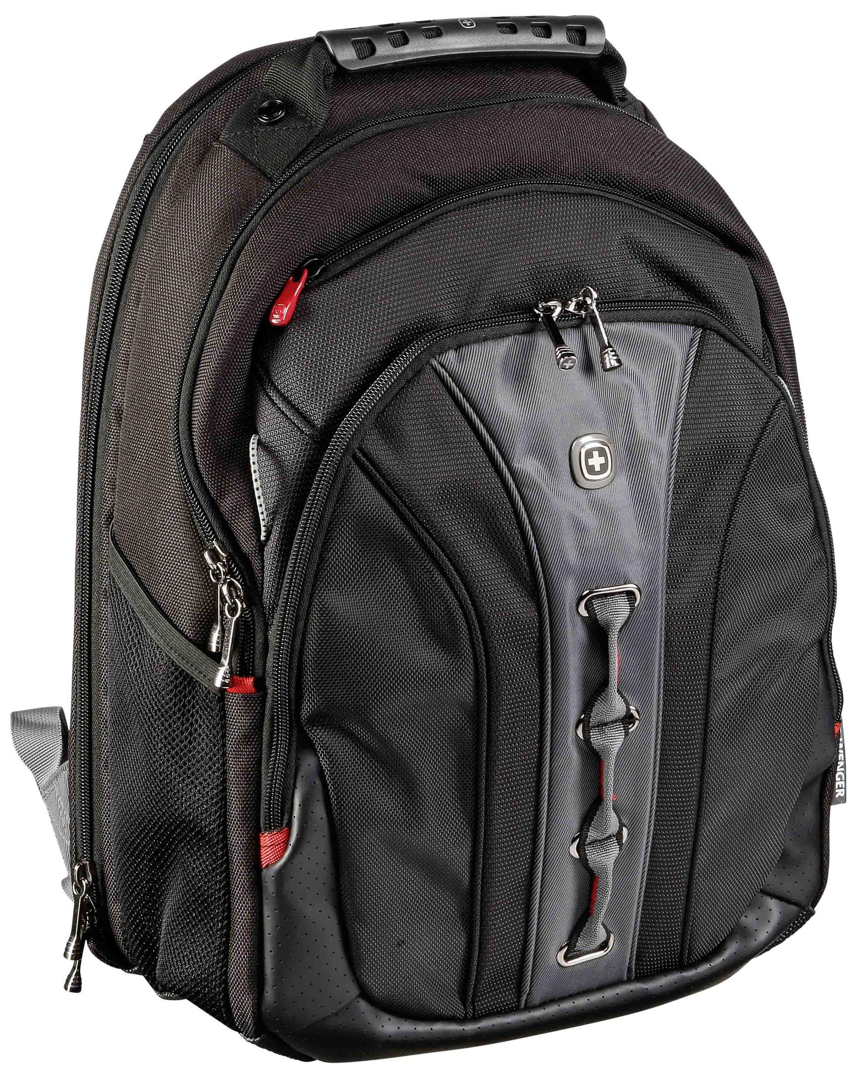 Ein schwarzer und grauer Rucksack mit roten Akzenten. Hat mehrere Fächer und Reißverschlüsse.