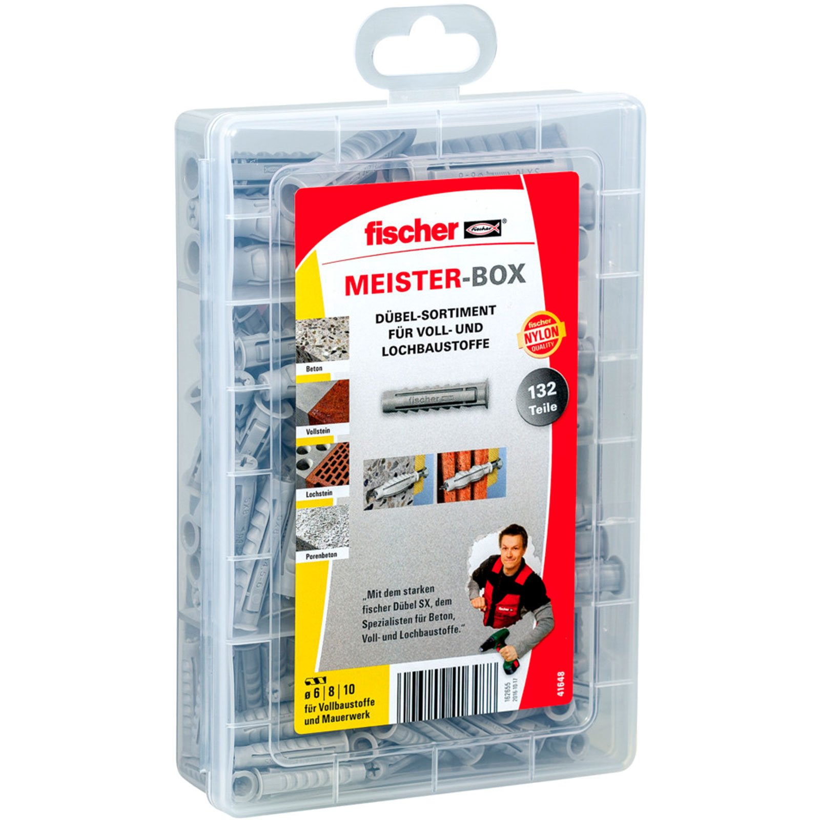 Eine transparente Kunststoffbox gefüllt mit grauen Dübeln, Fischer Meister-Box Etikett.