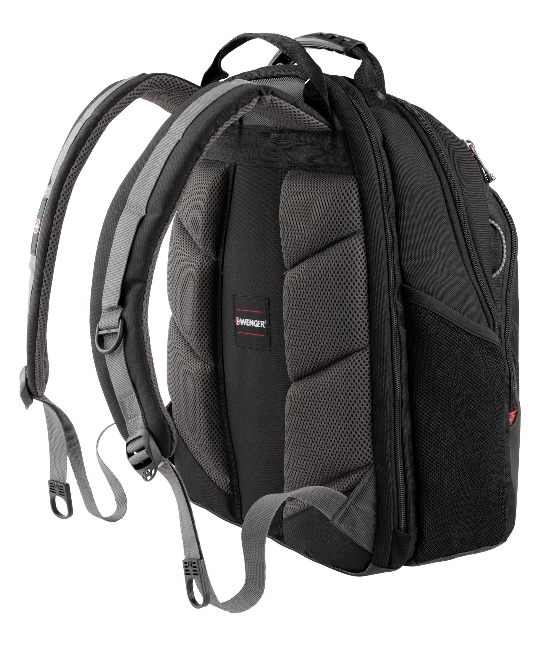Rückseite eines schwarzen Rucksacks mit grauen Trägern und Mesh-Polsterung.