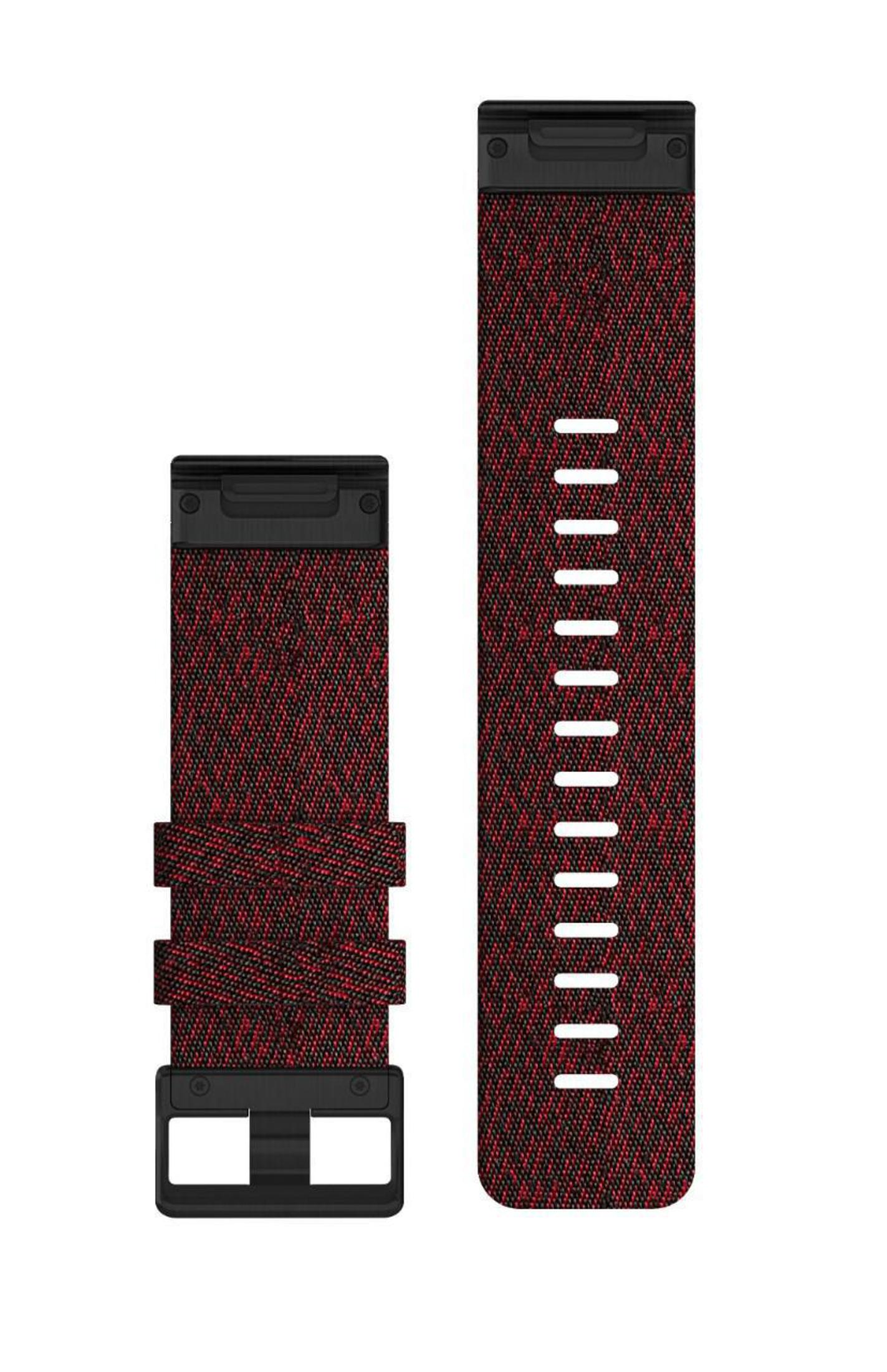 Cinturino per orologio in due pezzi, rosso e nero con fibbia, su sfondo bianco.