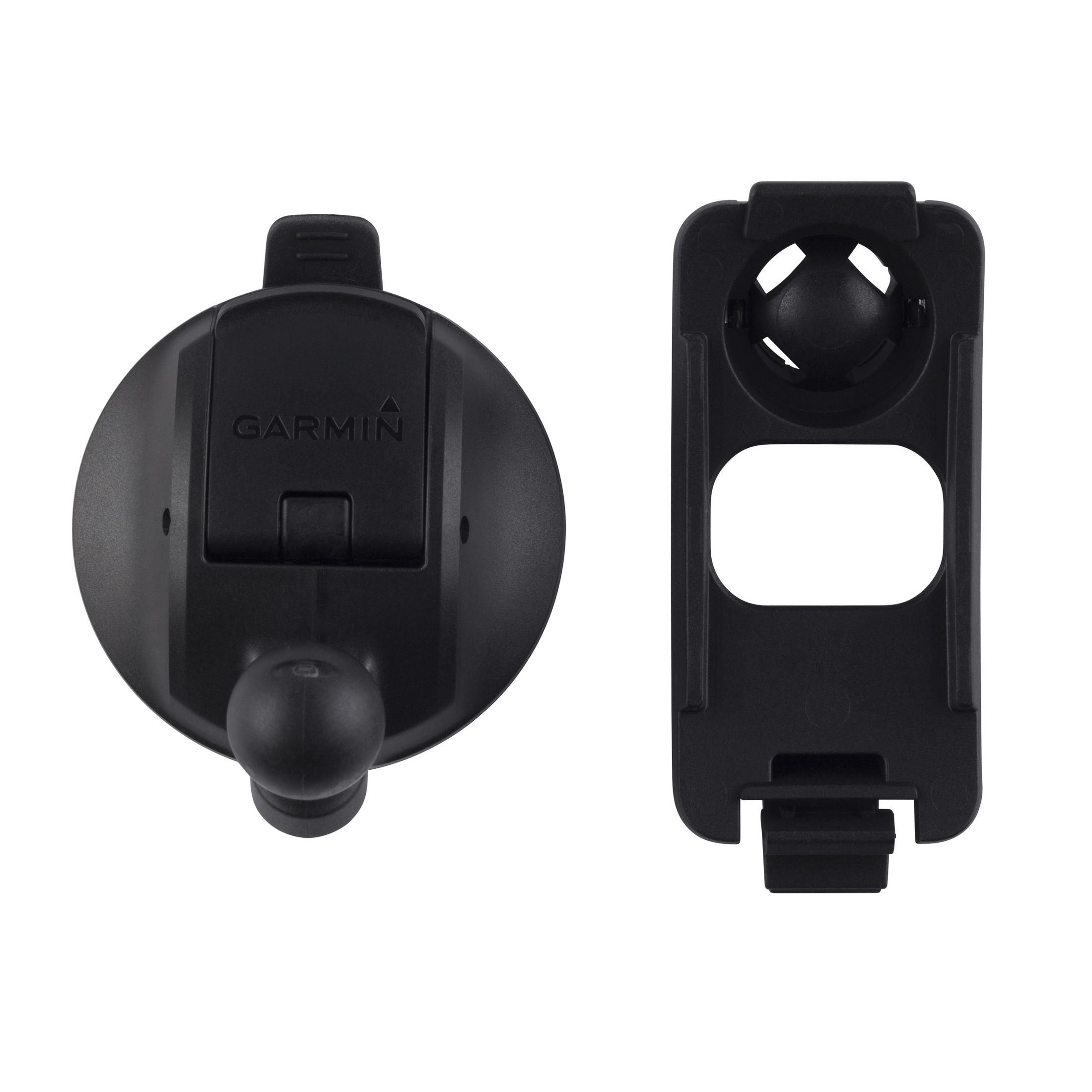 Zwei schwarze Garmin-Halterungen: ein Saugnapf und ein Adapter auf weißem Hintergrund.