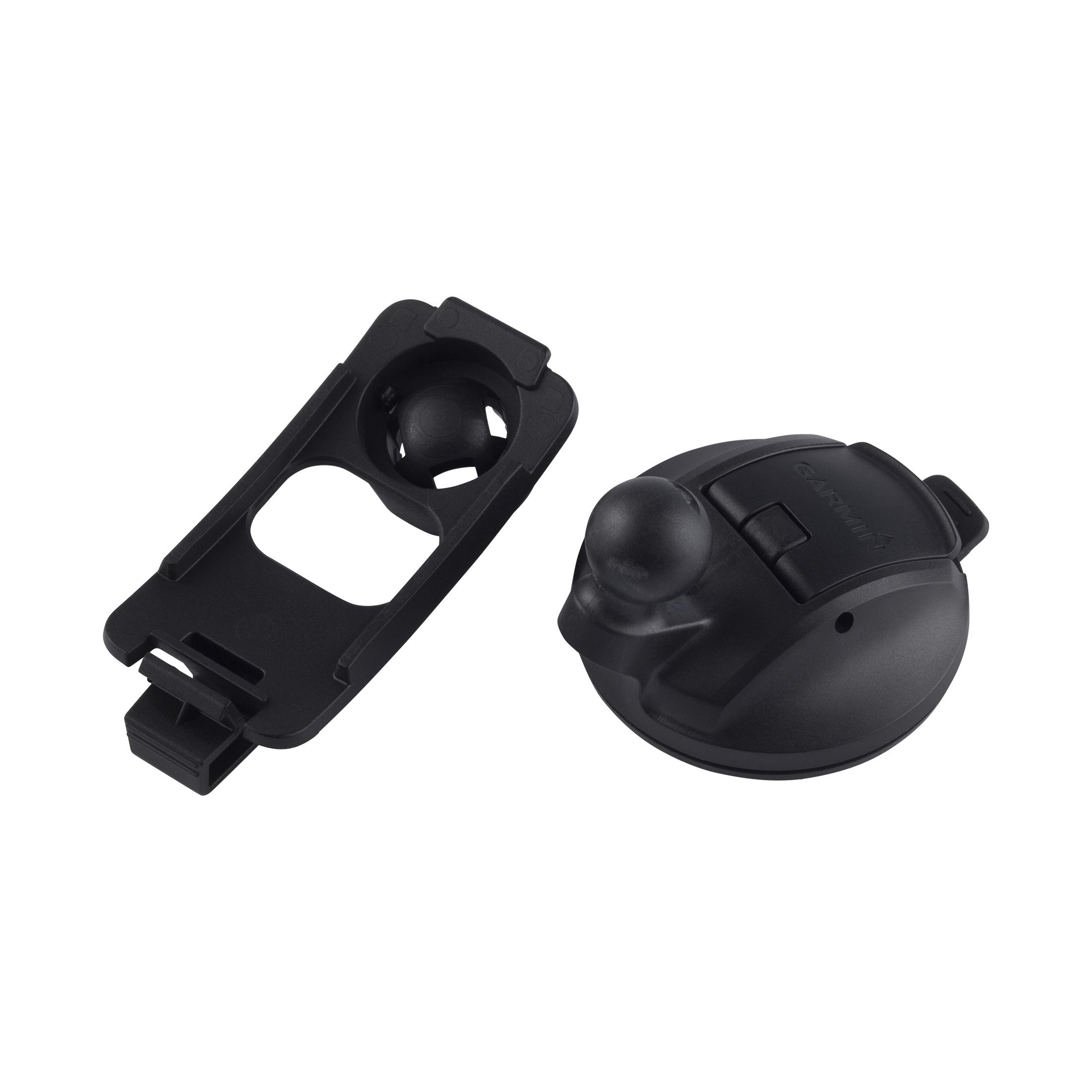 Zwei schwarze Garmin-Halterungen, ein Saugnapf und ein Adapter, nebeneinander auf Weiß.