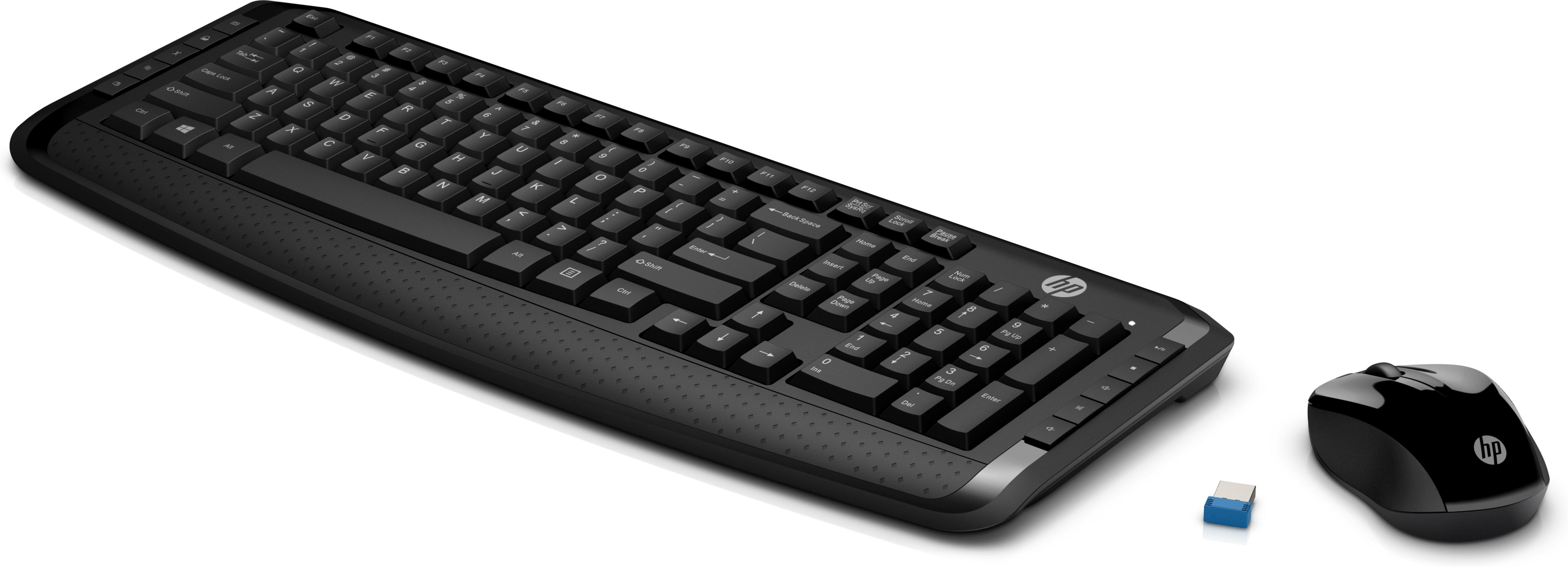 Schwarzes HP Tastatur- und Maus-Set auf weißem Untergrund. Tastatur ist angewinkelt.