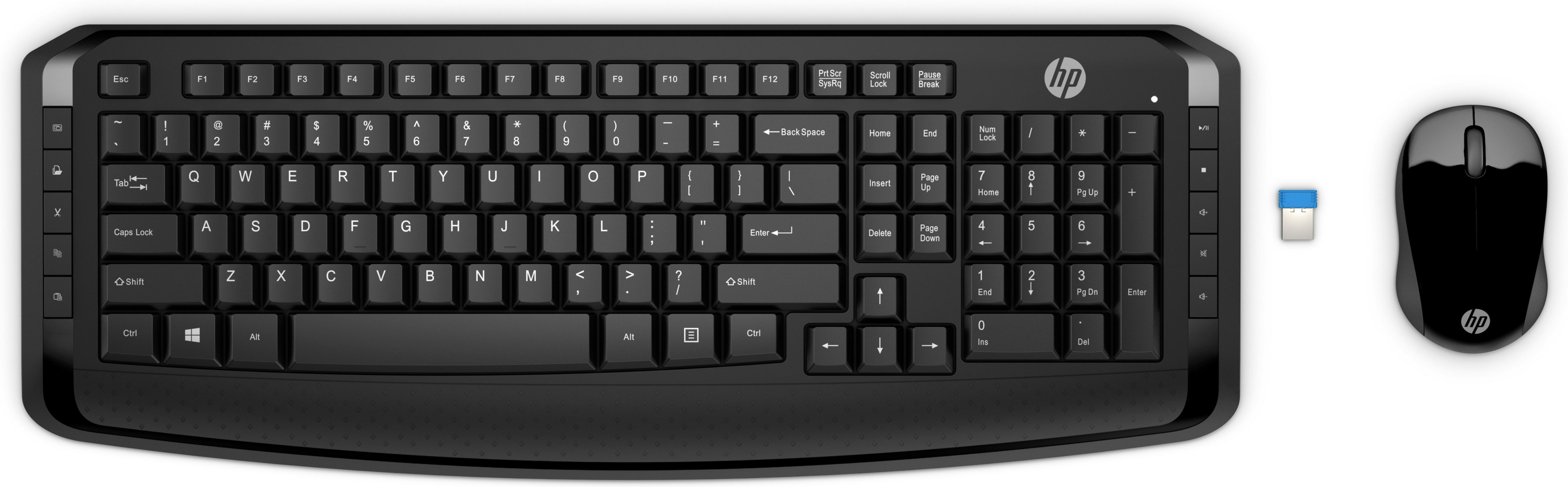 Schwarze HP-Tastatur und -Maus, ein Empfänger rechts. Die Tastatur hat ein volles Layout.