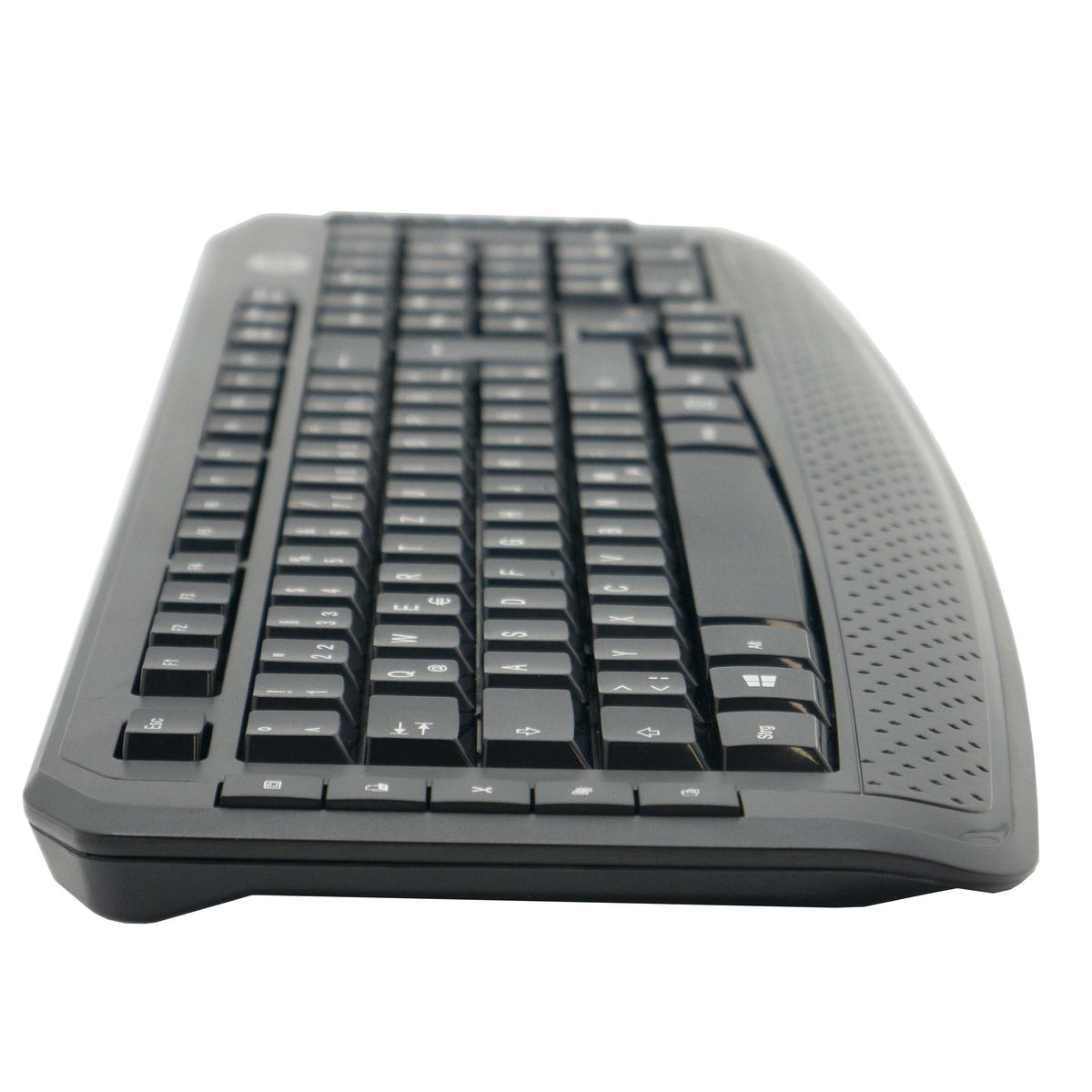 Schwarze Tastatur nach oben abgewinkelt. Die Tasten sind sichtbar, die Tastatur liegt auf einer weißen Oberfläche.