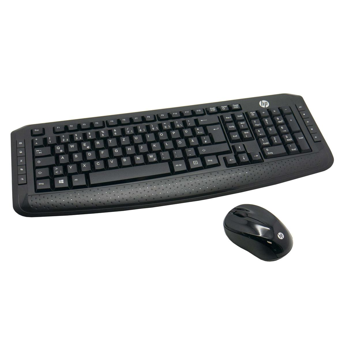 Schwarze HP-Tastatur und -Maus auf weißem Hintergrund. Die Tastatur hat ein vollständiges Tastenlayout.