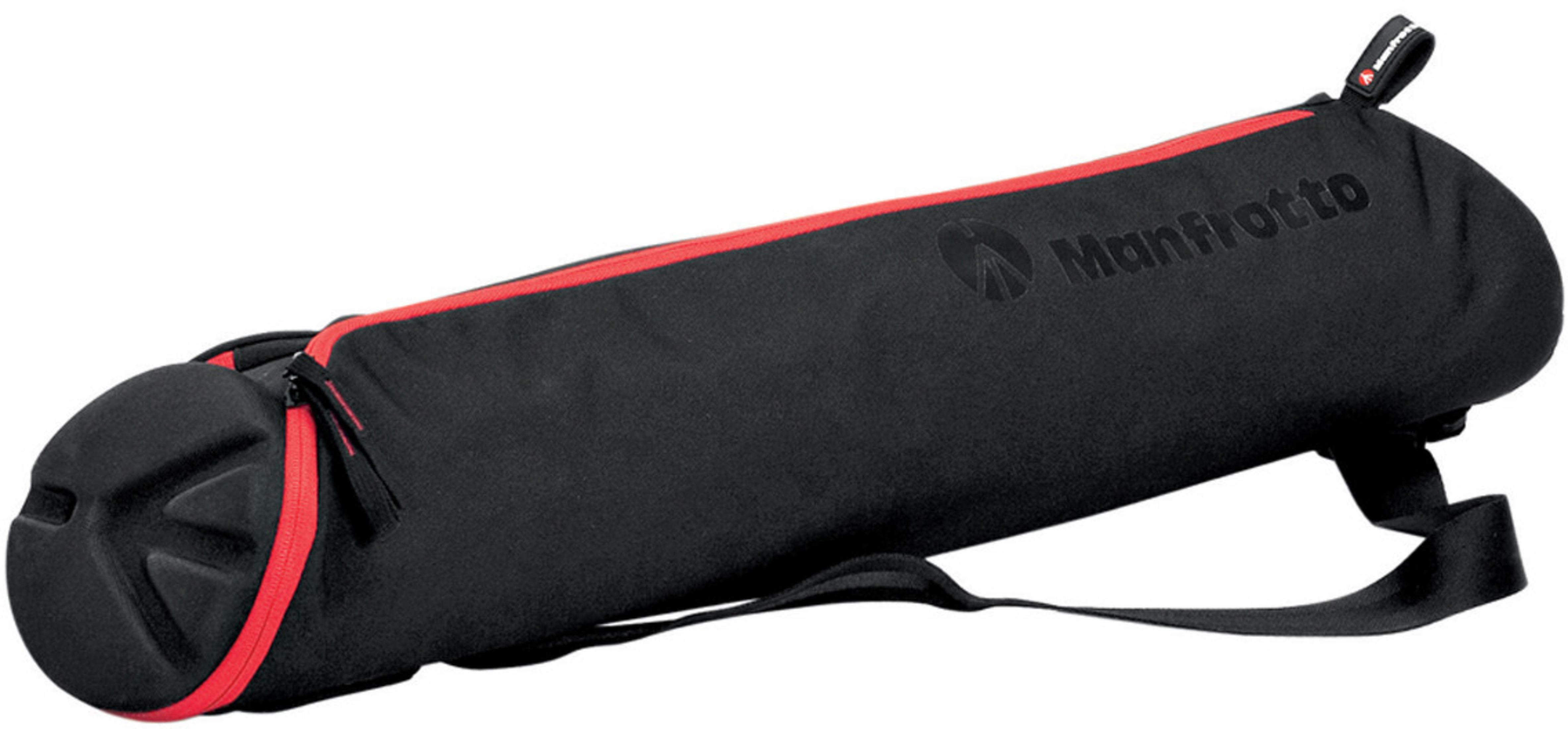 Een zwarte Manfrotto statieftas met een rode rits en een schouderriem.