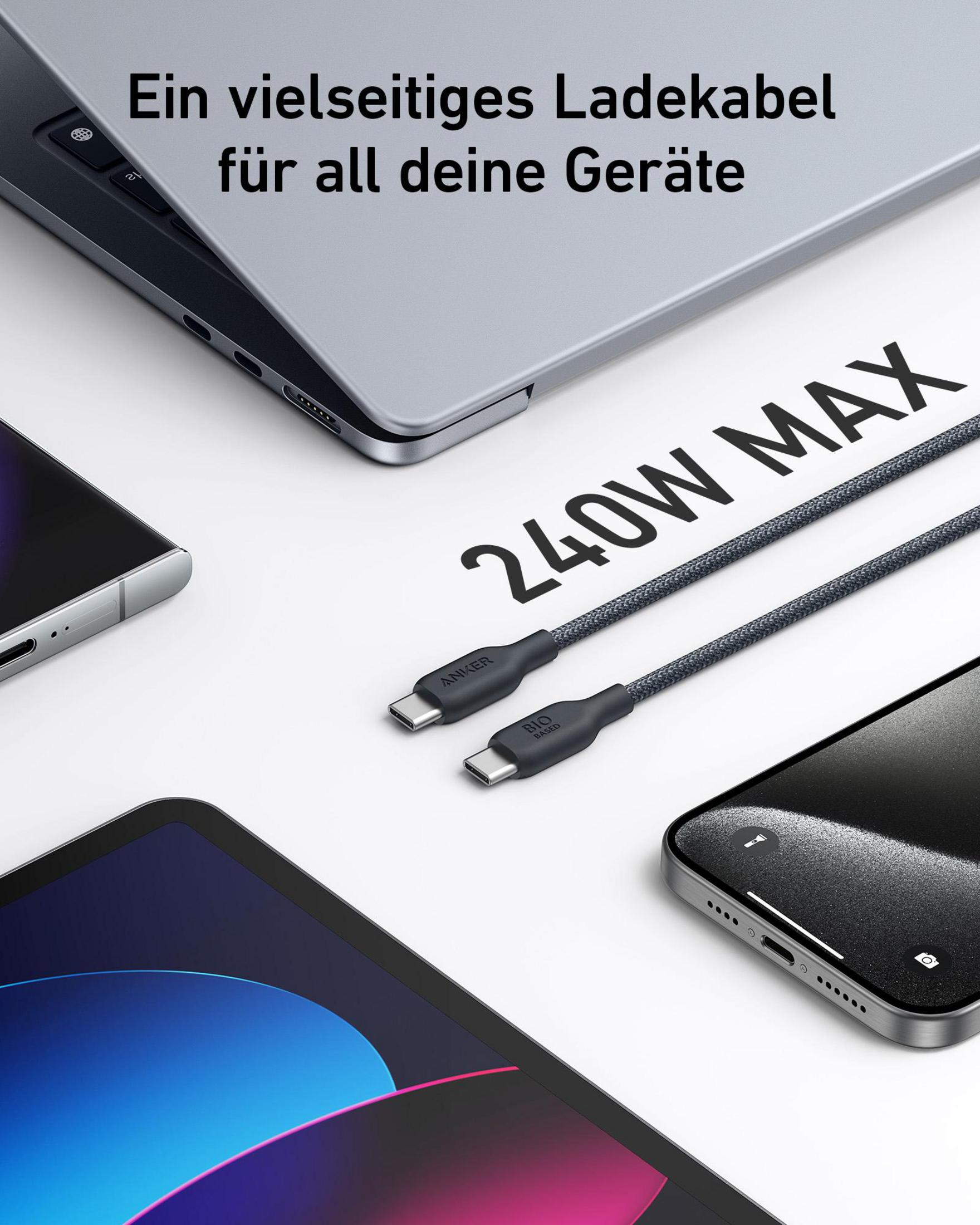 Cavi USB-C Anker che caricano più dispositivi: laptop, tablet e telefono. L'immagine mostra 240W MAX.