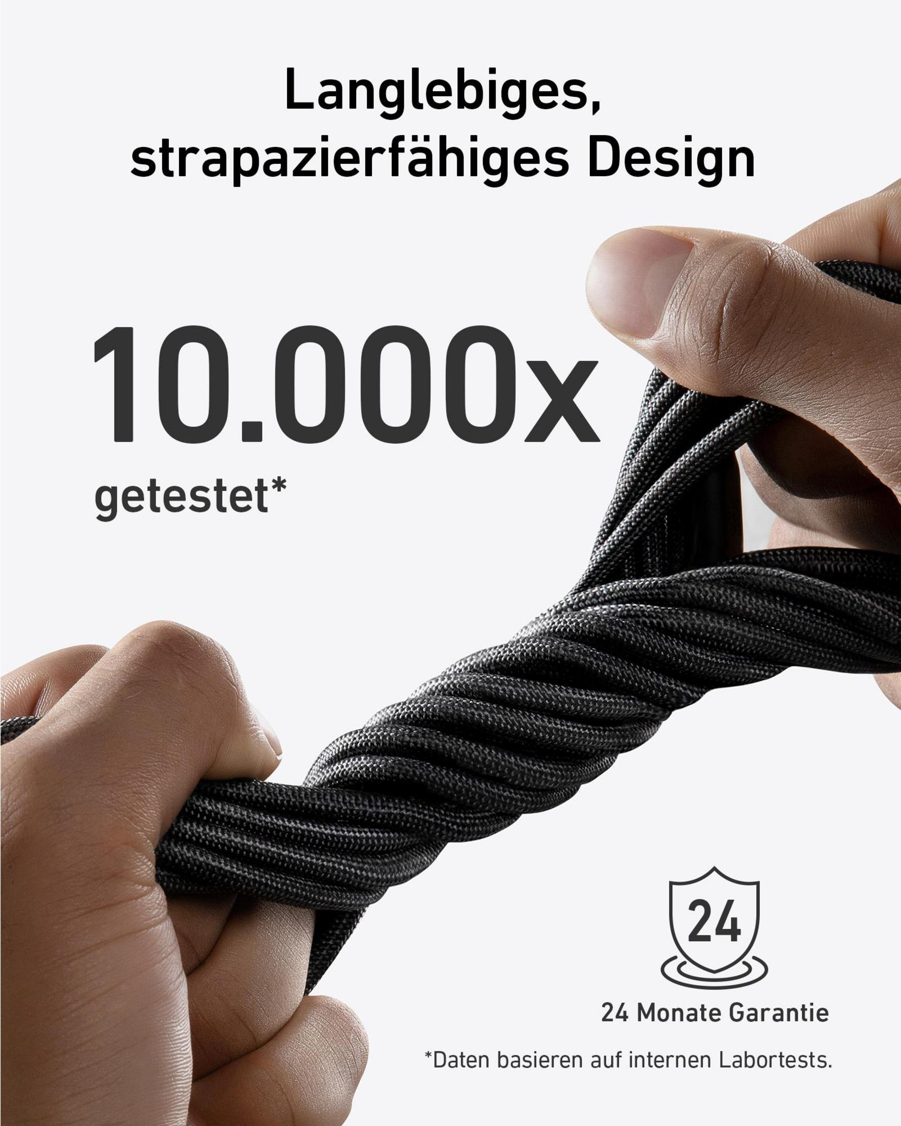 Mani che tirano e allungano un cavo USB-C intrecciato grigio, mostrando la sua durata. Testato 10.000x.