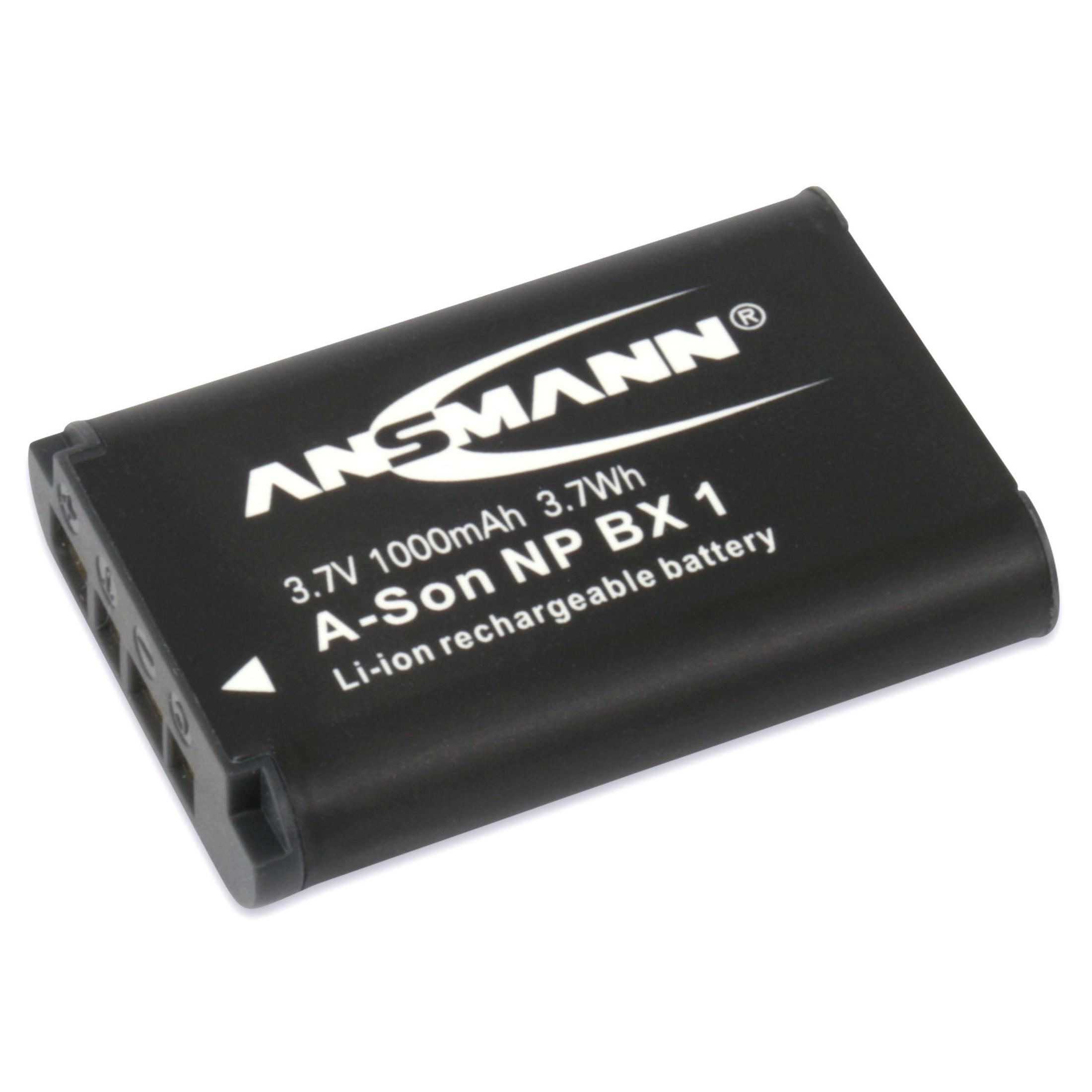 Schwarzer Ansmann A-Son NP BX 1 Li-Ionen-Akku auf weißem Hintergrund.