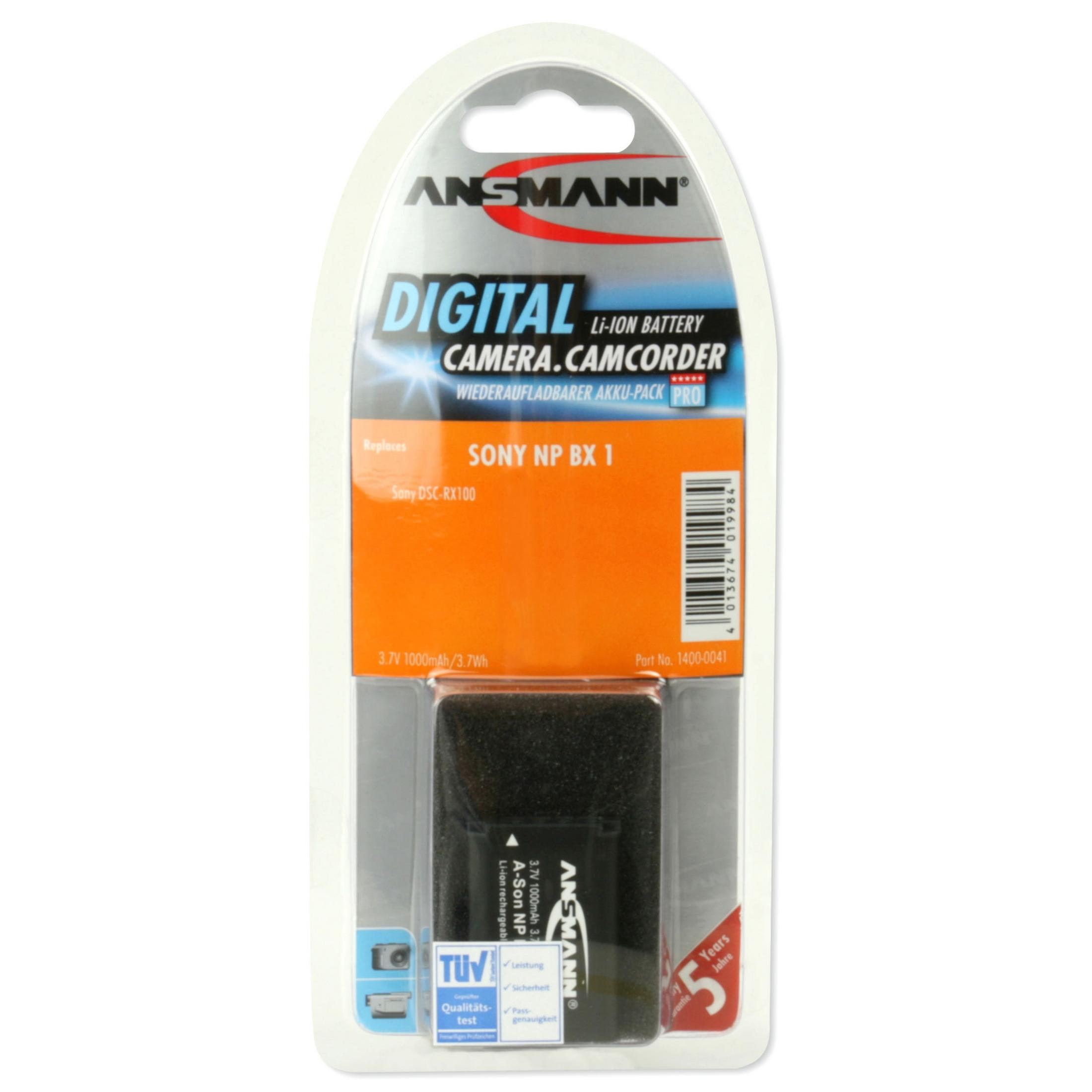 Verpackte Ansmann A-Son NP BX 1 Li-Ionen-Batterie für Digitalkameras und Camcorder.