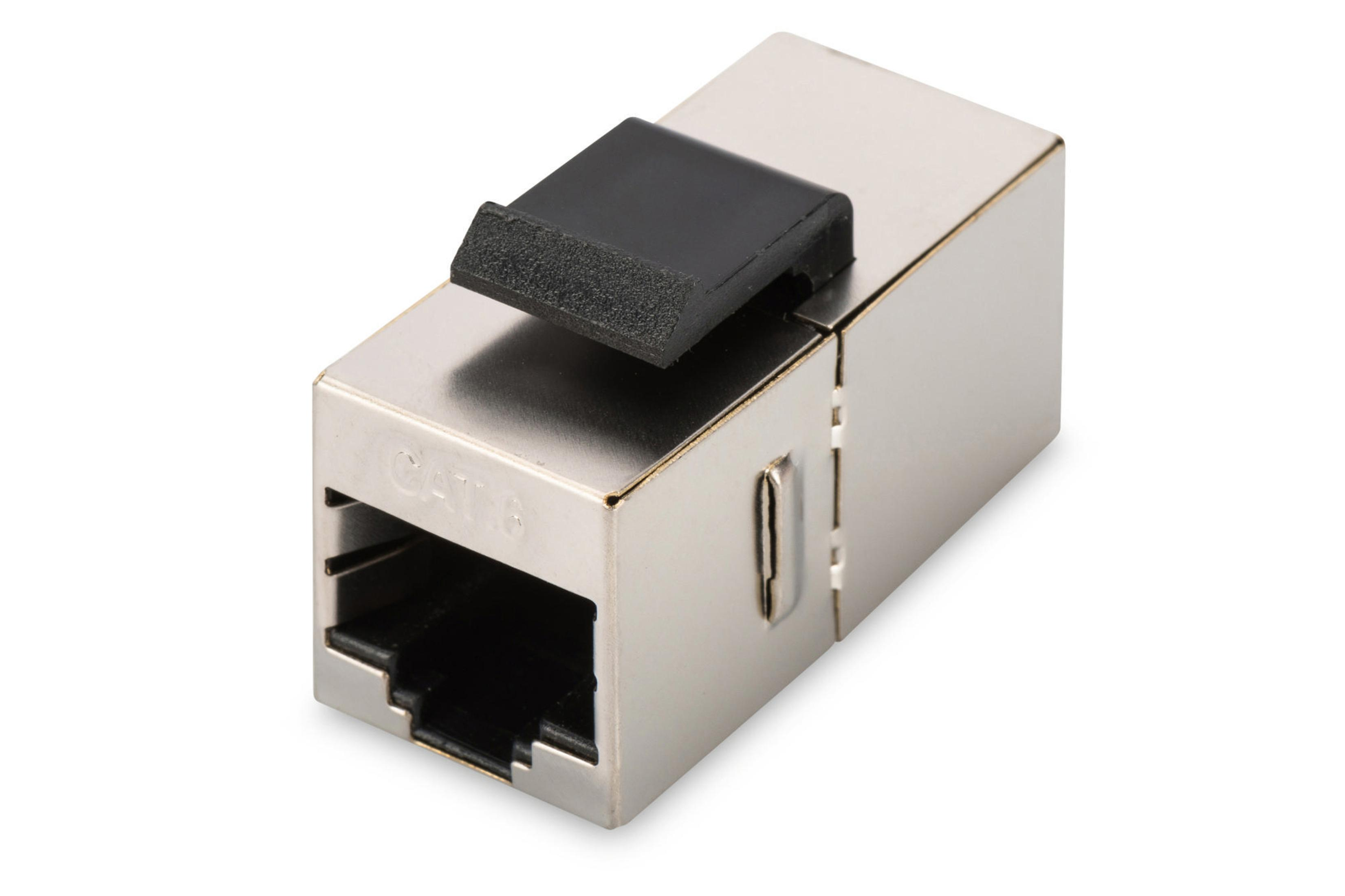Üstte siyah parçası olan RJ45 konektörü, metal gövde.