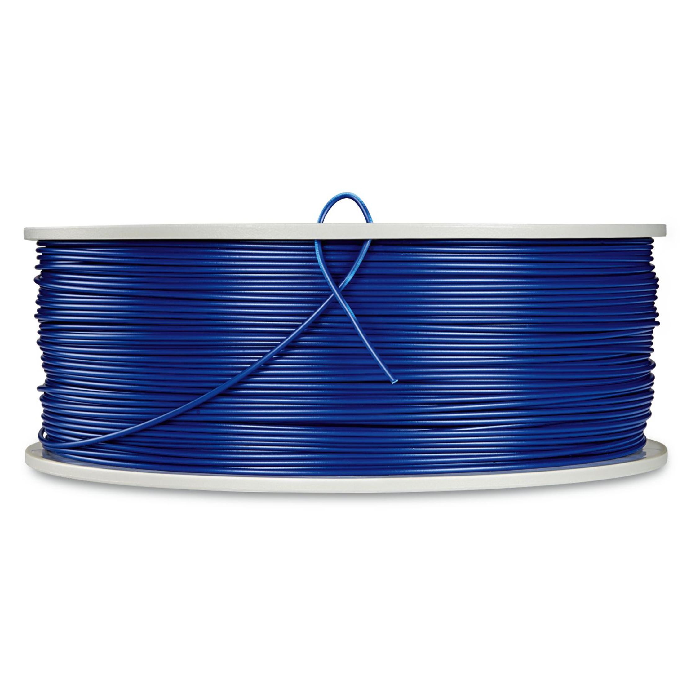 Eine Spule mit blauem 3D-Druckerfilament auf einem weißen Spulenhalter, zentriert auf einem weißen Hintergrund.