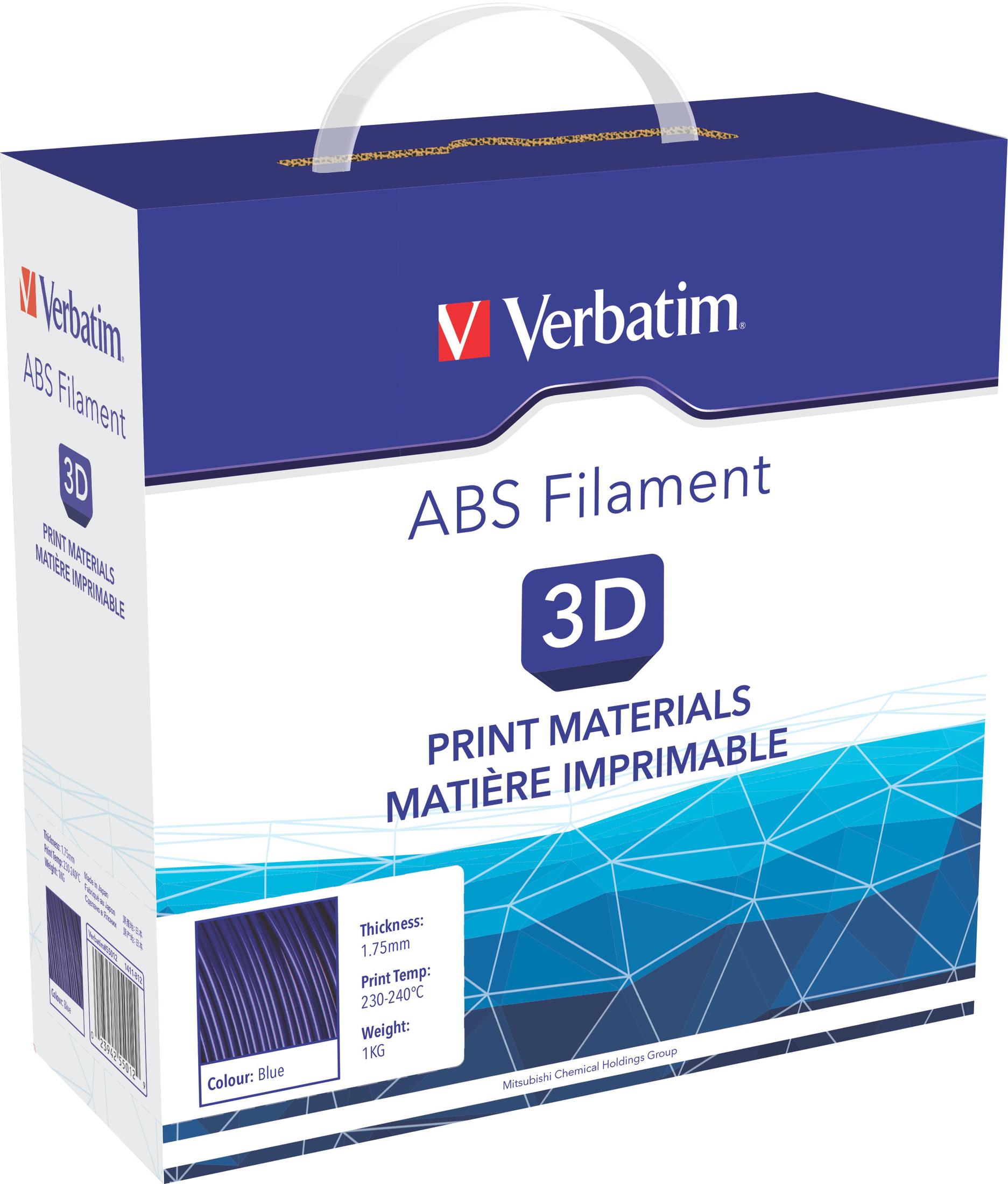 Karton mit Verbatim ABS Filament mit 3D-Druckmaterialien, blauer Farbe und Produktdetails.