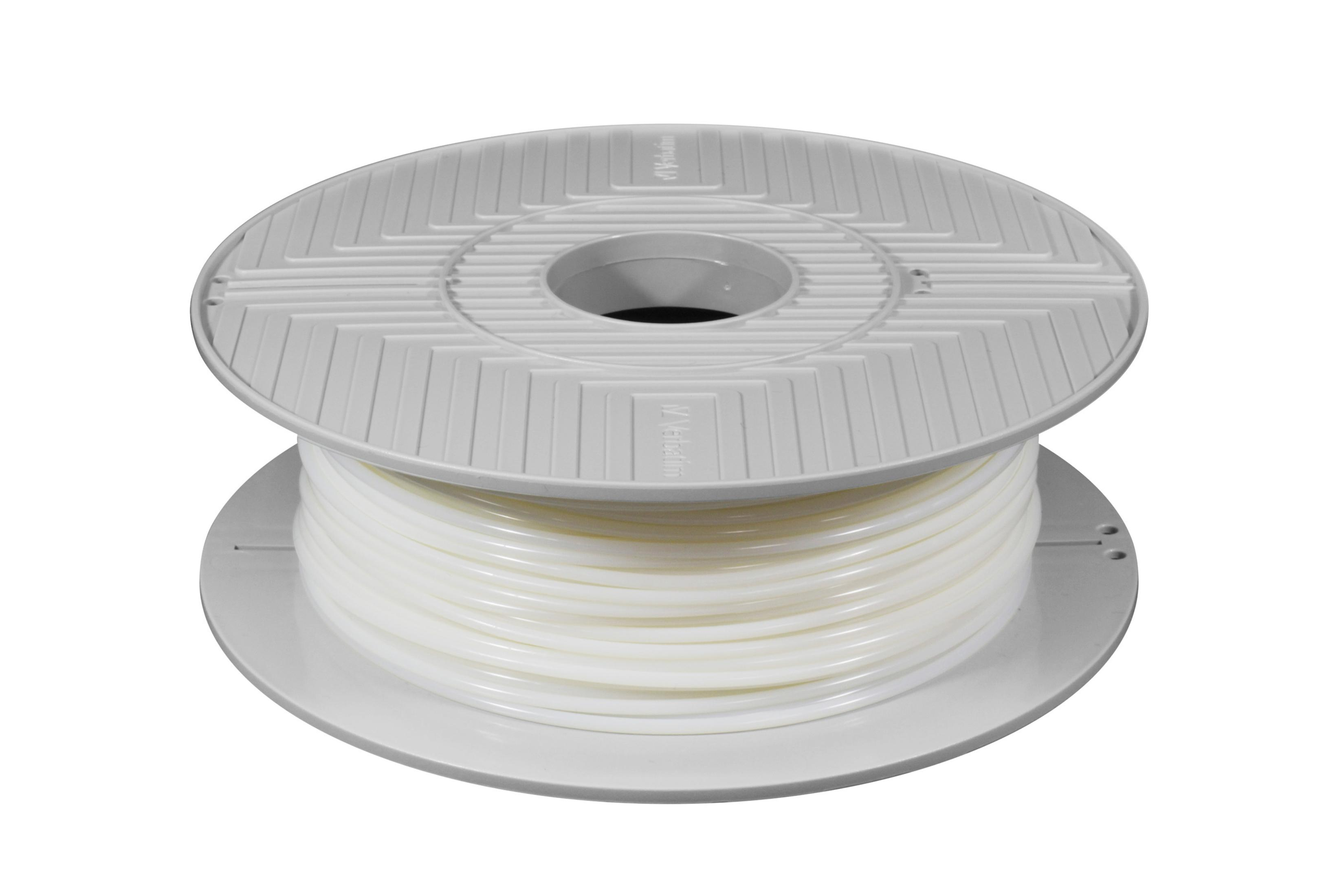 Eine Spule weißen 3D-Druck-Filaments auf einer weißen Rolle. Die Rolle hat einen grauen Deckel und Boden.
