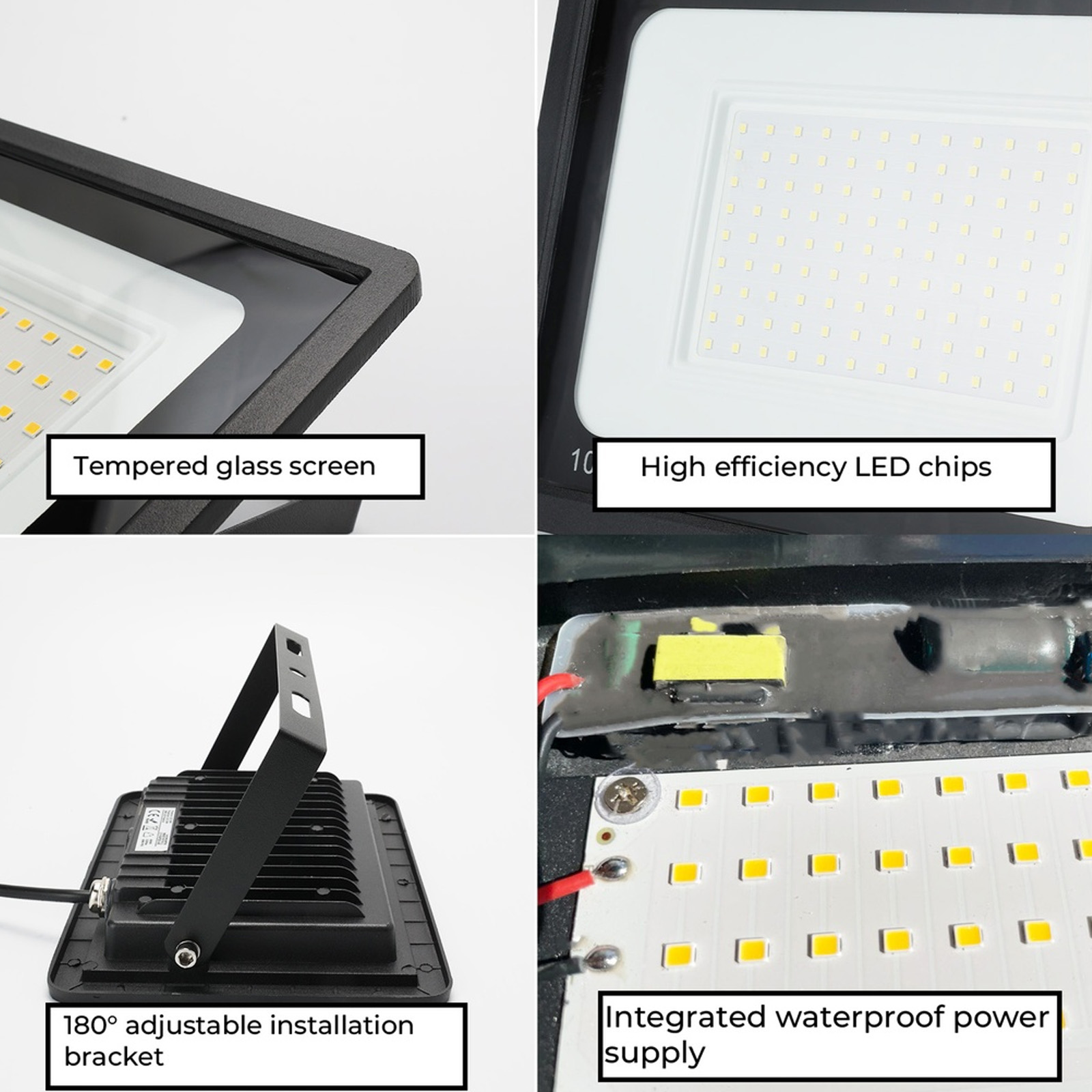 Primeros planos del foco. Muestra pantalla de vidrio templado, chips LED, soporte y fuente de alimentación impermeable.