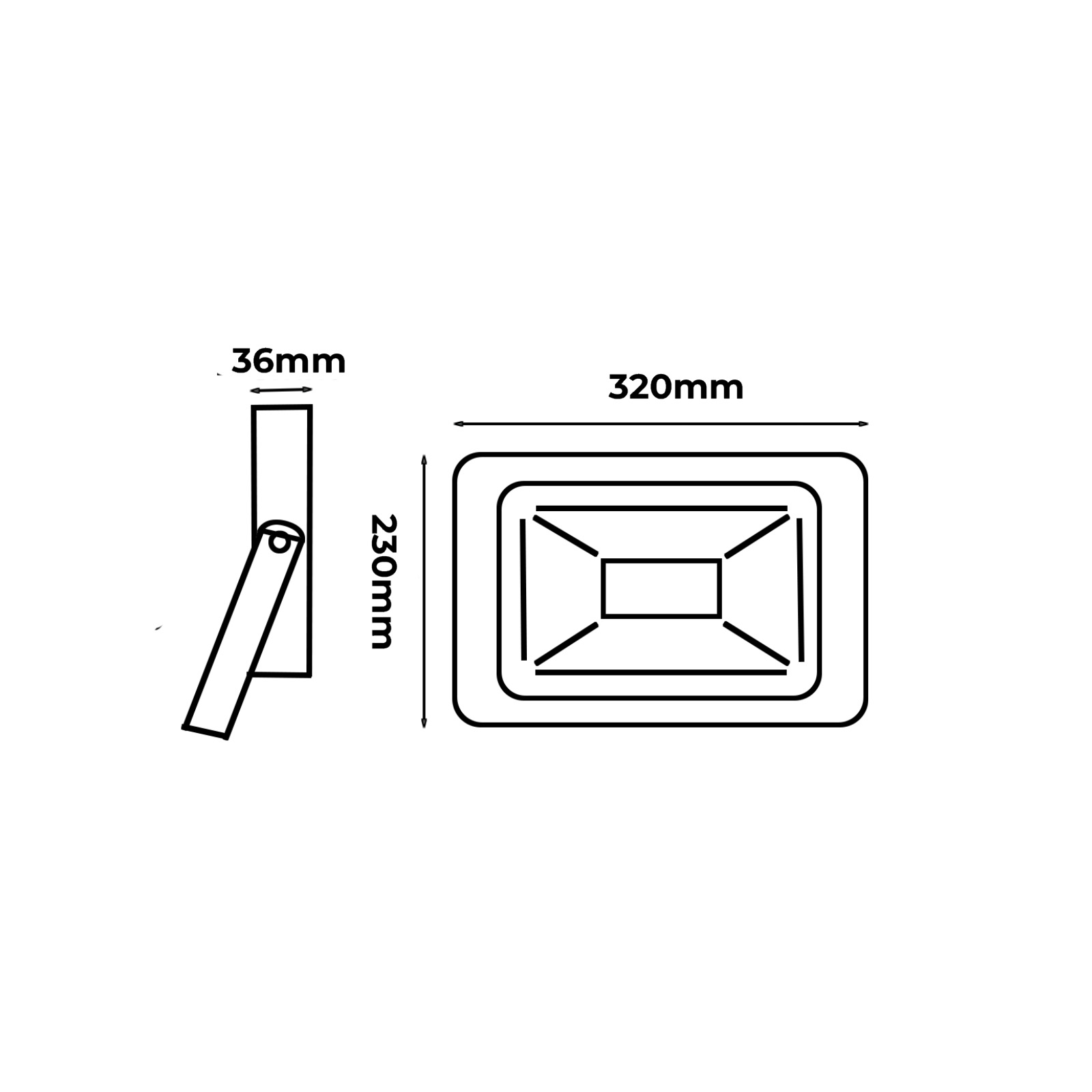 Diagrama de un foco que muestra las dimensiones. La luz es rectangular, con medidas en milímetros.