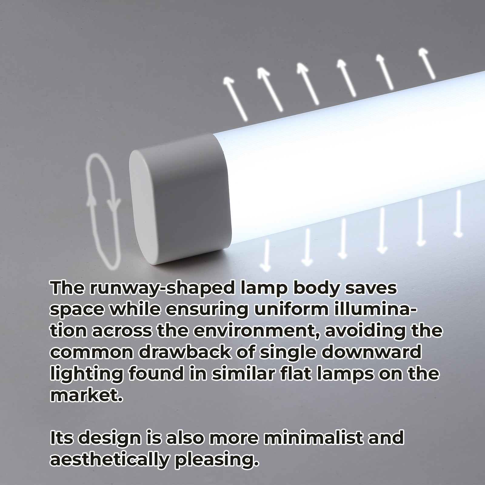 Una lámpara blanca con extremo gris. El diseño ahorra espacio y garantiza iluminación uniforme.