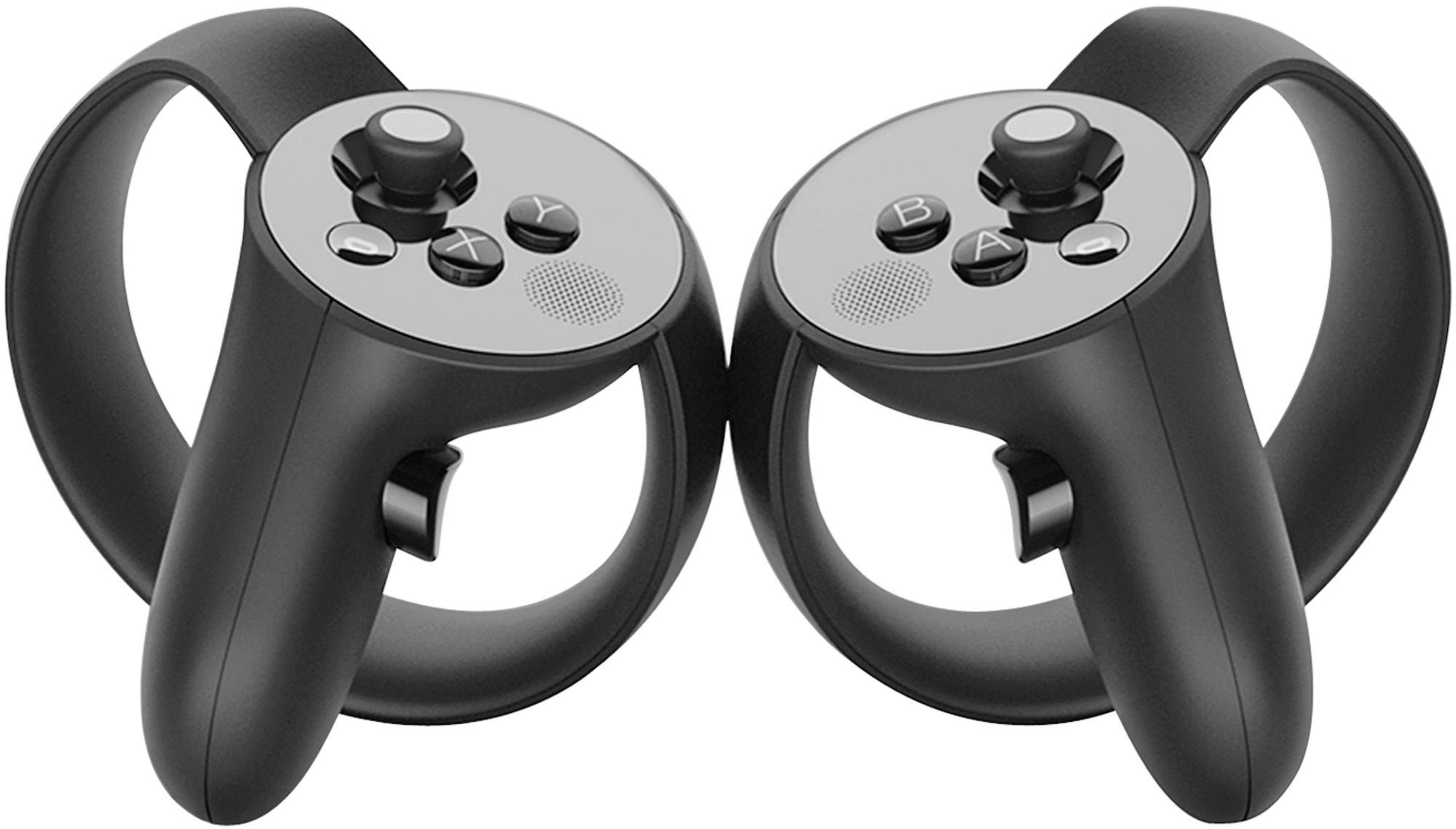 Zwei schwarze VR-Controller mit mehreren Knöpfen oben. Der Hintergrund ist weiß.