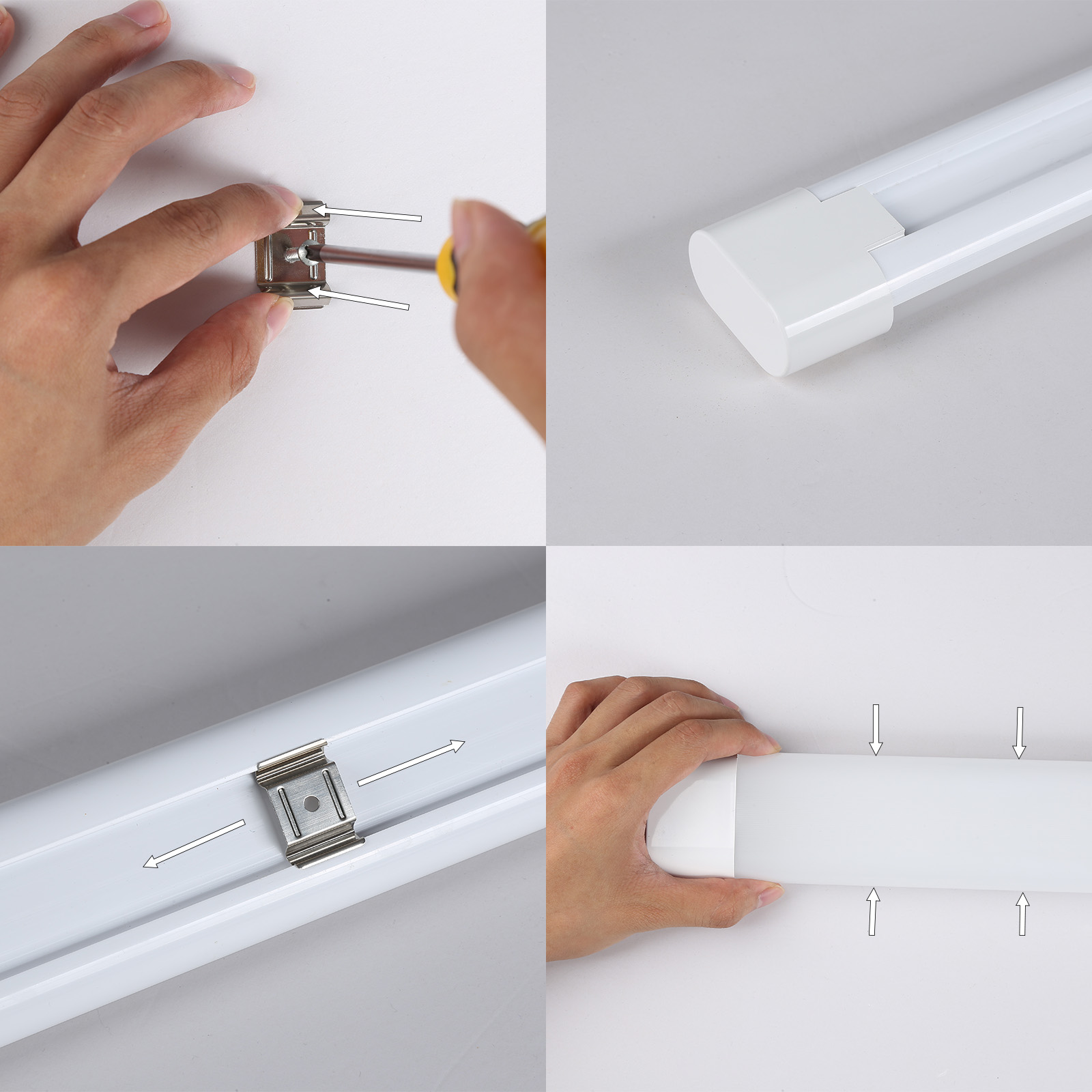 Varias imágenes que muestran los pasos para ensamblar una luminaria LED blanca y soportes.