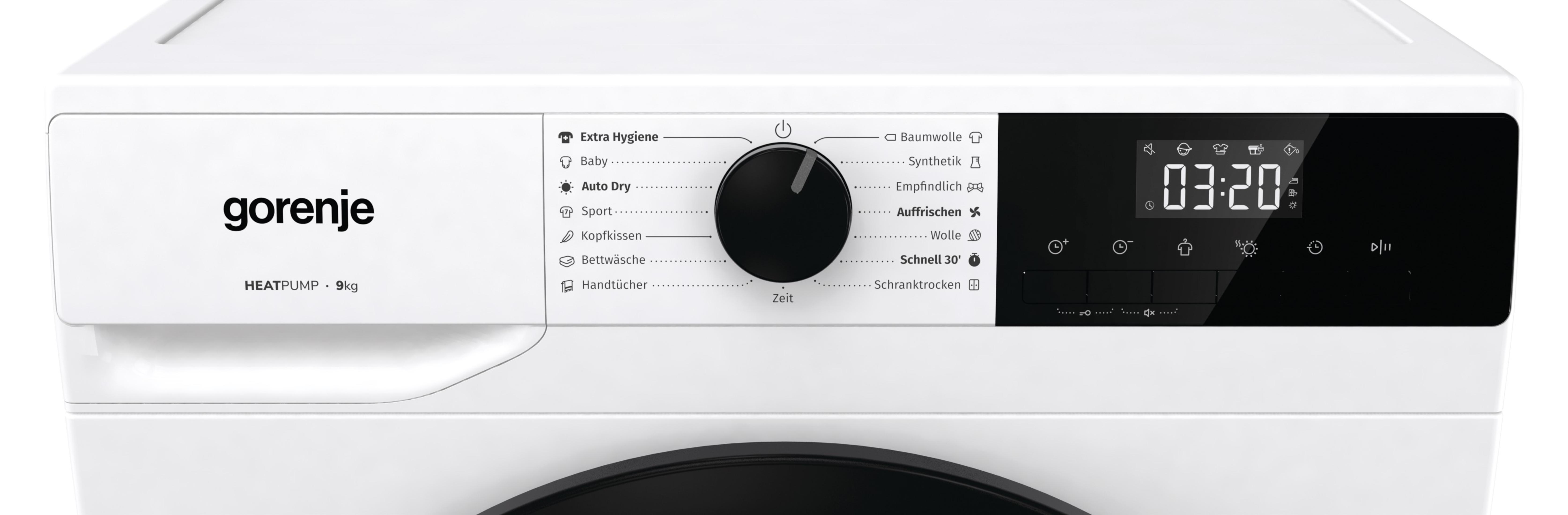 Nahaufnahme eines weißen Trocknerbedienfelds mit einem schwarzen Knopf, einer Digitalanzeige, die 03:20 anzeigt, und verschiedenen Einstellungen.