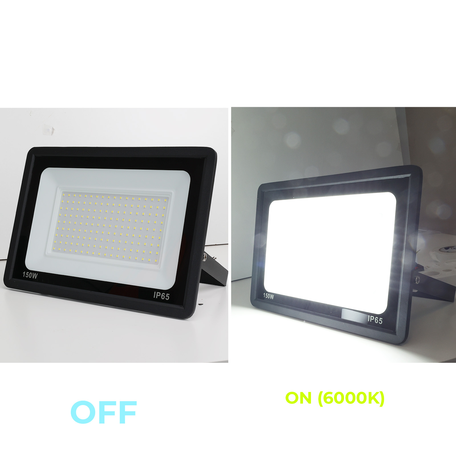 Foco LED en estado 'apagado' y 'encendido', mostrando luz blanca. El estado 'encendido' muestra 6000K.