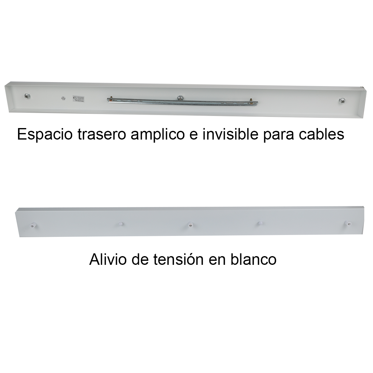 Un dibujo muestra las características de una placa de montaje blanca, incluido el espacio para cables.