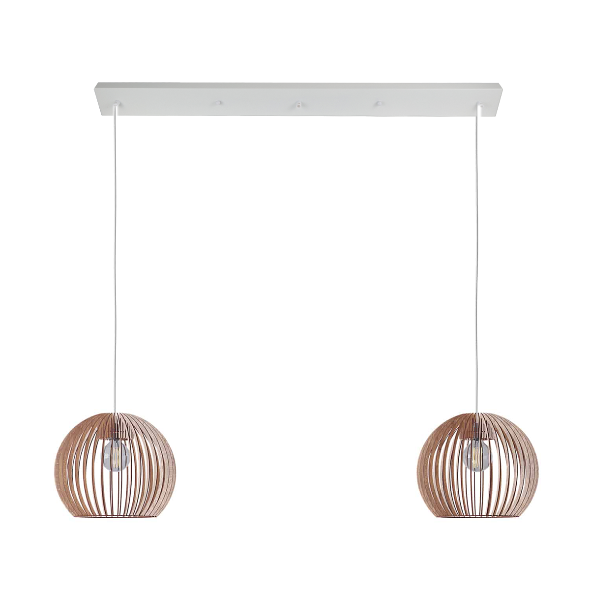 Dos lámparas colgantes de madera cuelgan de una base rectangular blanca, cada una con una pantalla esférica y una bombilla visible.