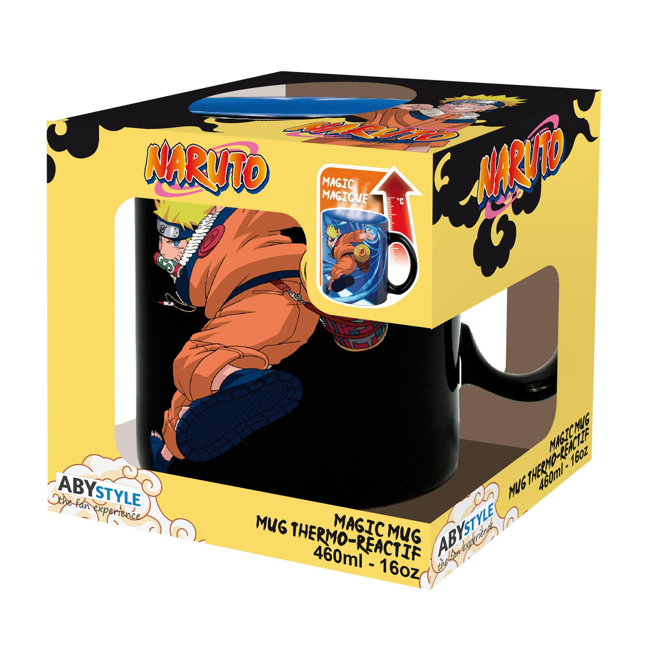 Eine verpackte, farbwechselnde Tasse mit einem Naruto-Design; die Box ist gelb mit schwarzen Akzenten.