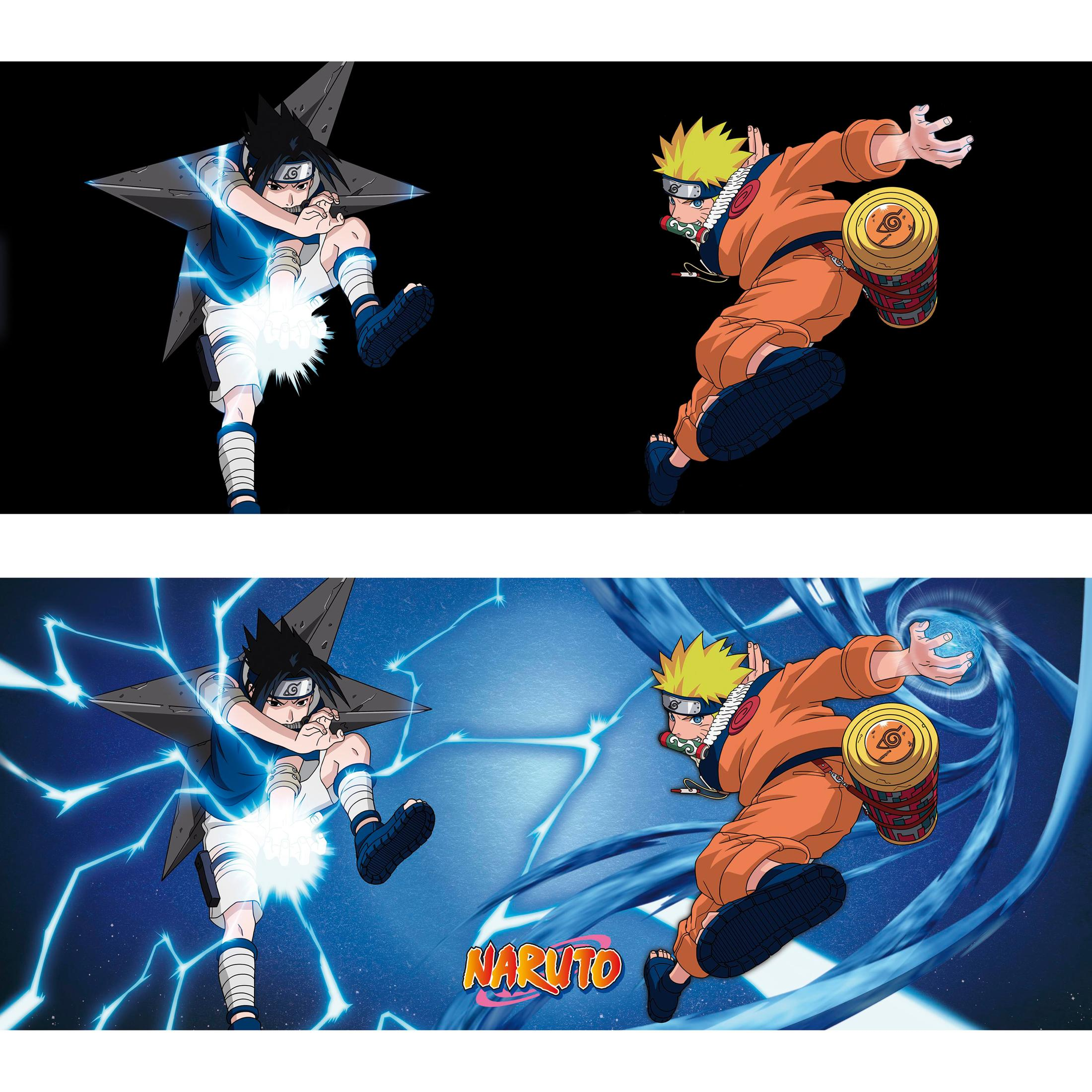 Ein geteiltes Bild zeigt Naruto und Sasuke in Aktion mit einem Vorher-Nachher-Farbwechseleffekt.