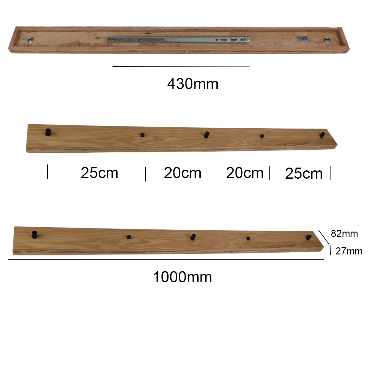 Dibujo técnico que muestra las dimensiones de una barra de madera con clavijas, incluyendo longitud, espaciamiento y colocación de clavijas.