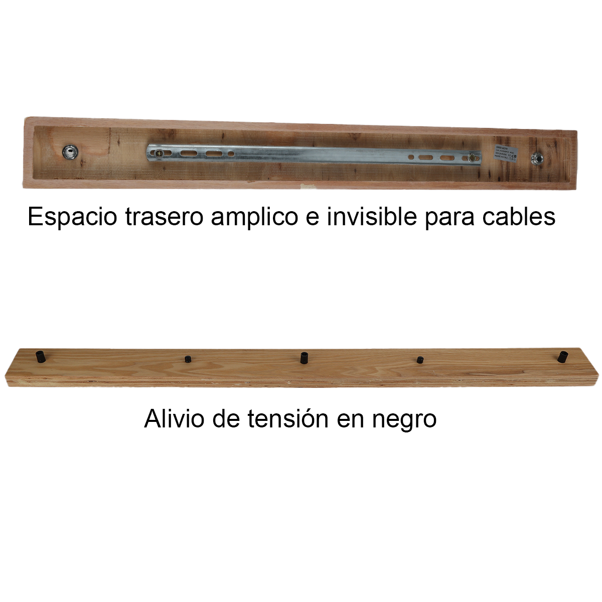 Imagen con especificaciones técnicas de una barra de madera, incluyendo espacio para la gestión de cables y elementos negros de alivio de tensión.