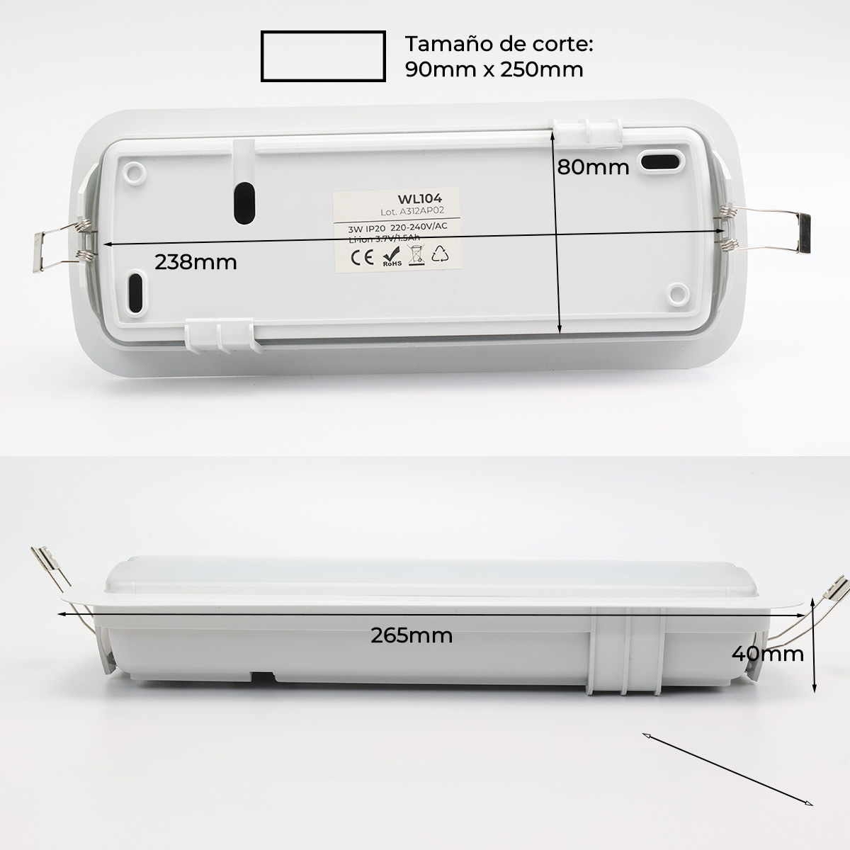 Dibujo técnico de una luz de emergencia blanca que muestra las dimensiones: 238 mm de longitud, 80 mm de ancho, 40 mm de profundidad y tamaño de corte de 90x250 mm.