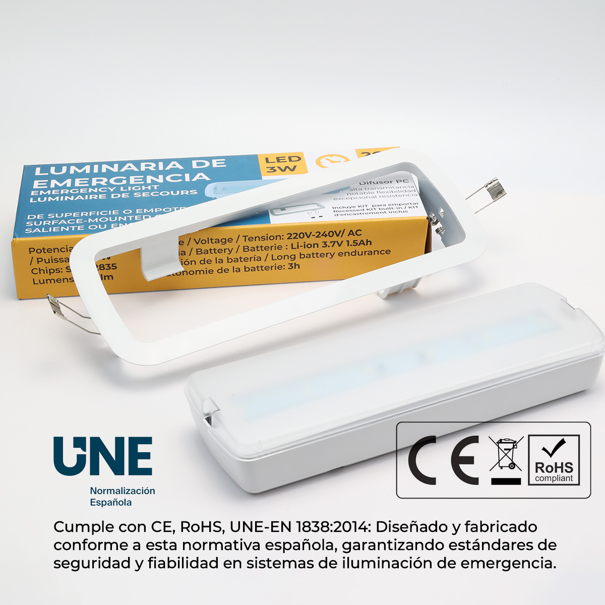 Una luz de emergencia blanca con su marco de montaje, caja del producto y texto en español: "Luminaria de Emergencia."