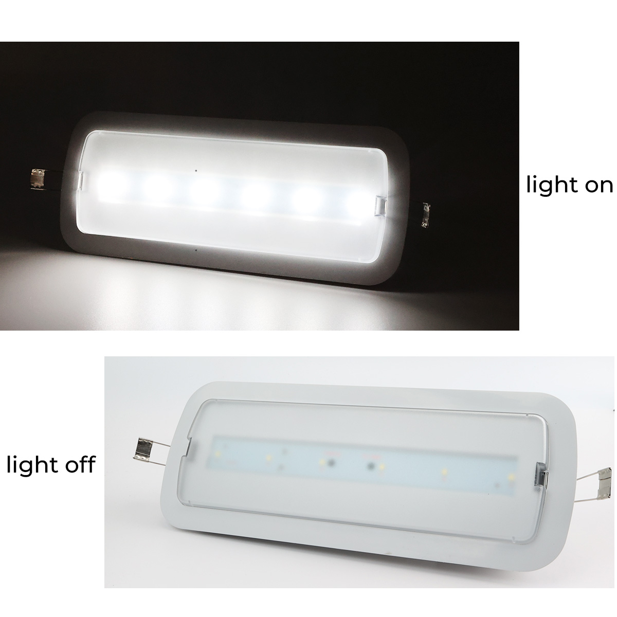 Dos imágenes de una luminaria LED rectangular. Una encendida y otra apagada. Marco blanco, fondo negro.