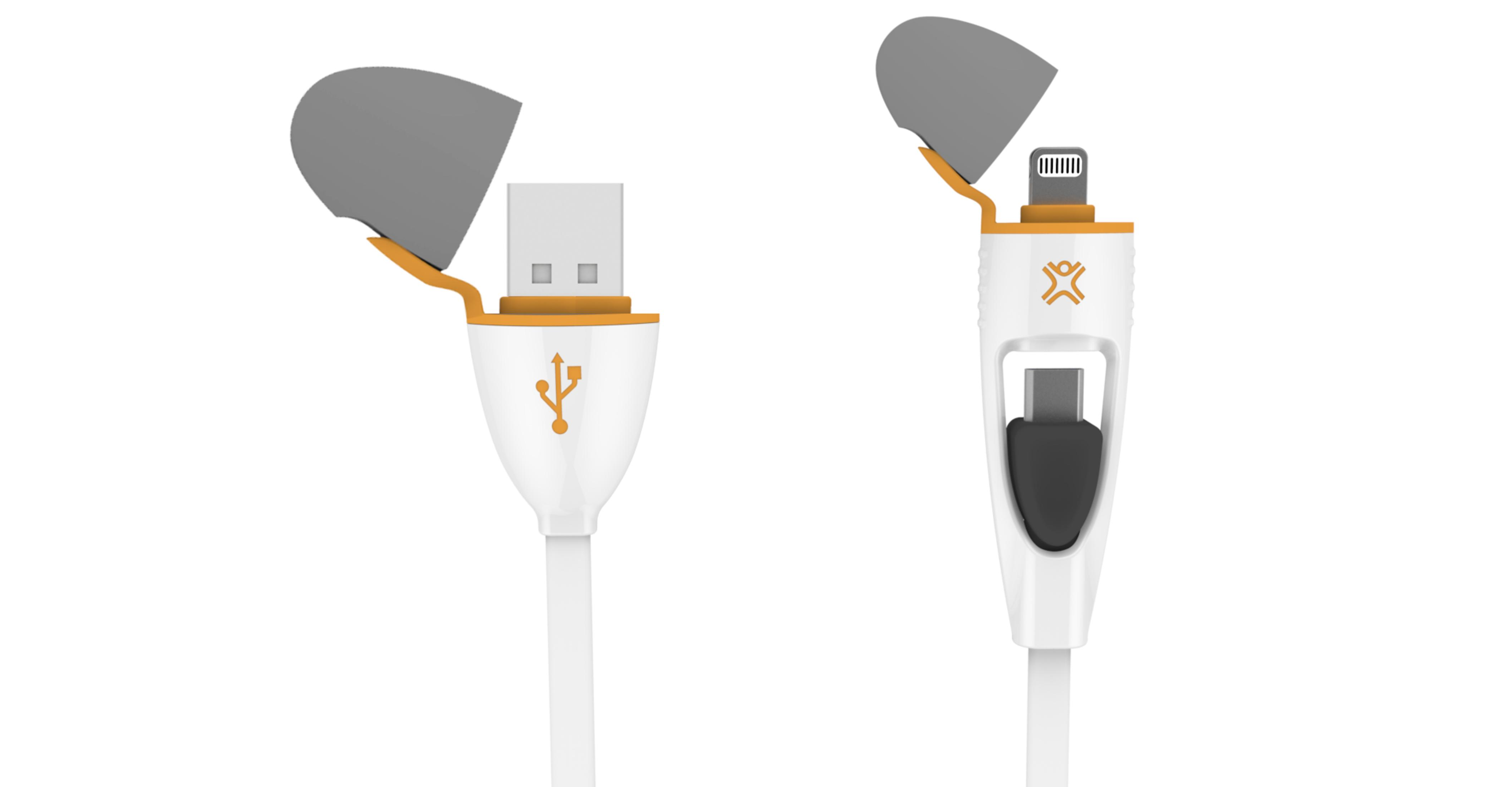 Weißes Ladekabel mit USB-, Lightning- und USB-C-Anschlüssen, mit grau-orangener Abdeckung.