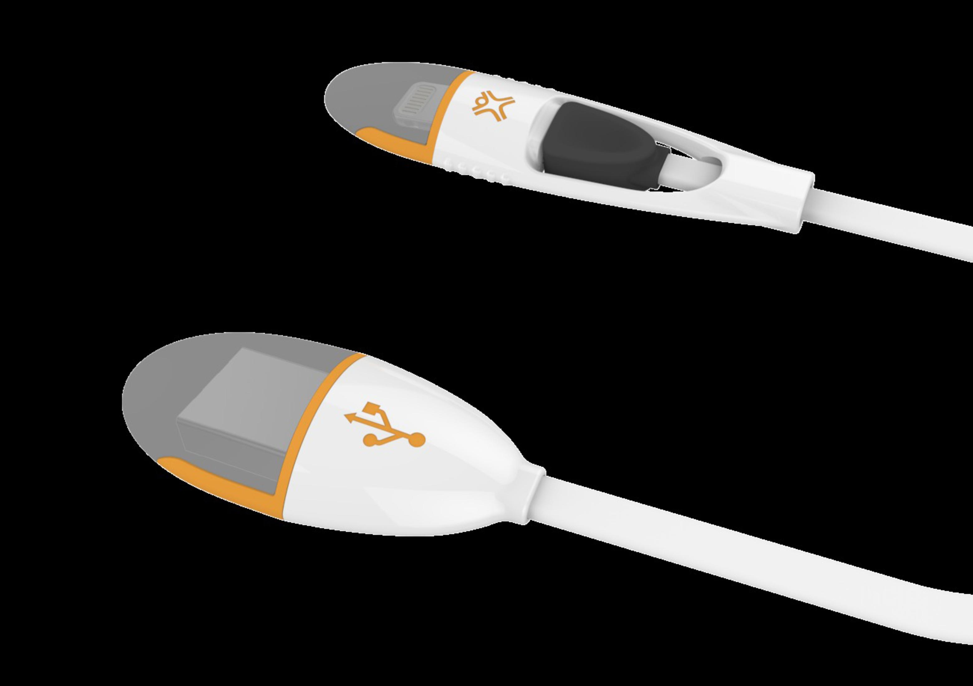 Weißes Ladekabel, mit USB an einem Ende und Lightning am anderen, mit orangefarbenen und grauen Abdeckungen.